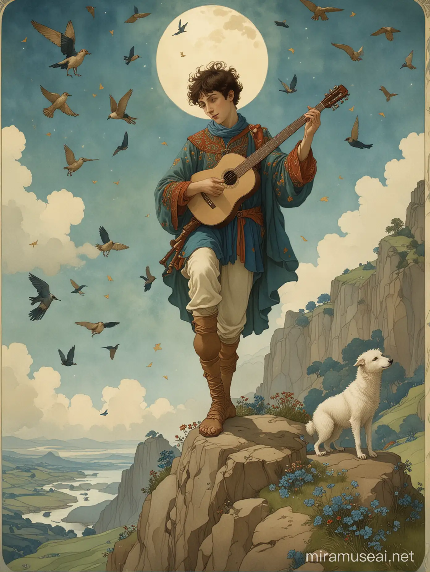 The Fool Tarot Card Featuring Paul McCartney Playing Flute on Hilltop with Birds and Sheepdog