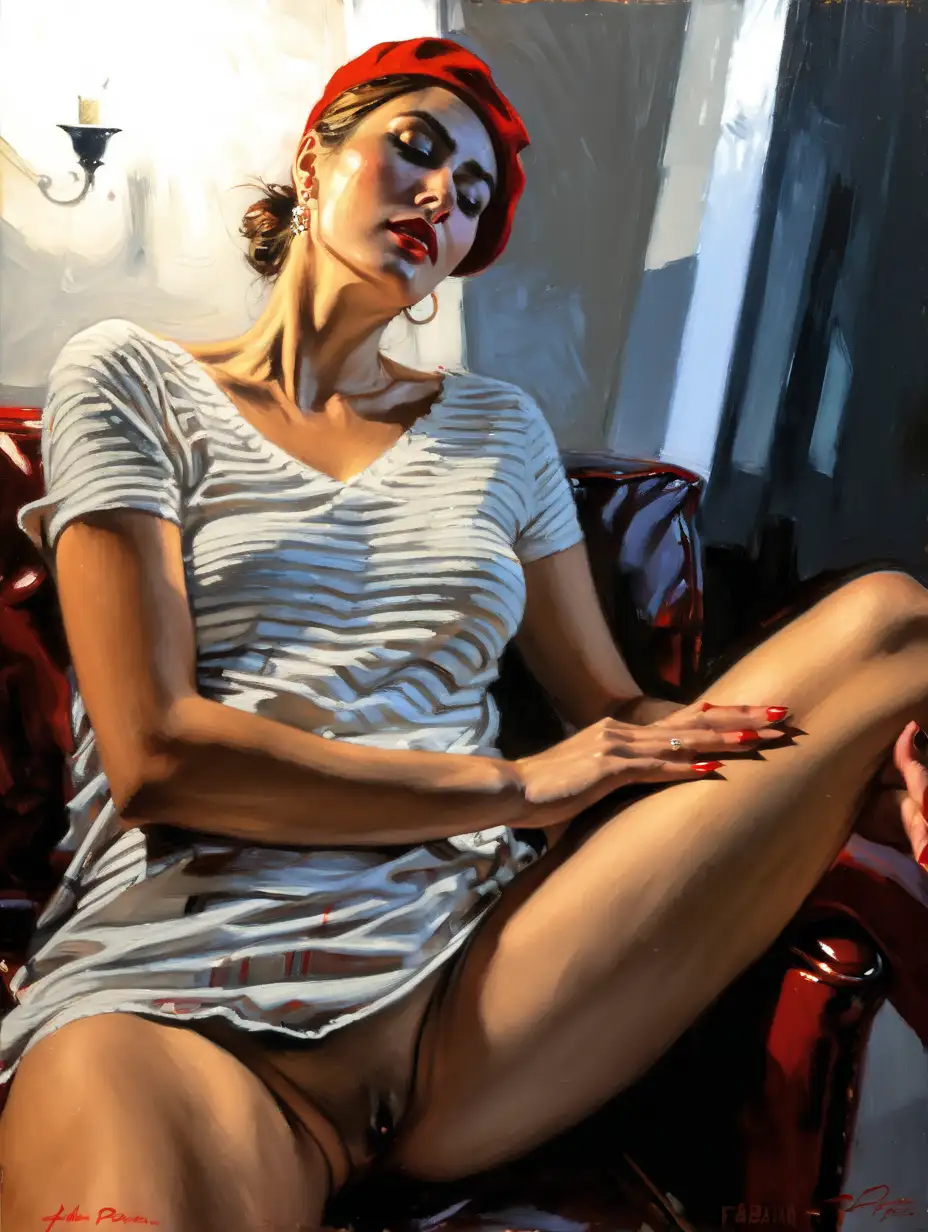 (naked:1.3)  woman , looking up , legs apart  , unbuttoned blouse , sitting on sofa , cooper hair , red beret ,  (night scene:1.3) , painting style  expressionism , jagged lines, painting by (Fabian Perez:1.3)