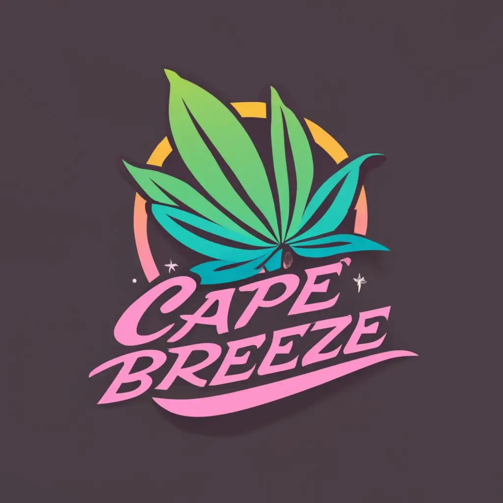 logo, Retro 80s miami vice type style logo with cannabis leaf in the wind, with the text "Cape Breeze", typography