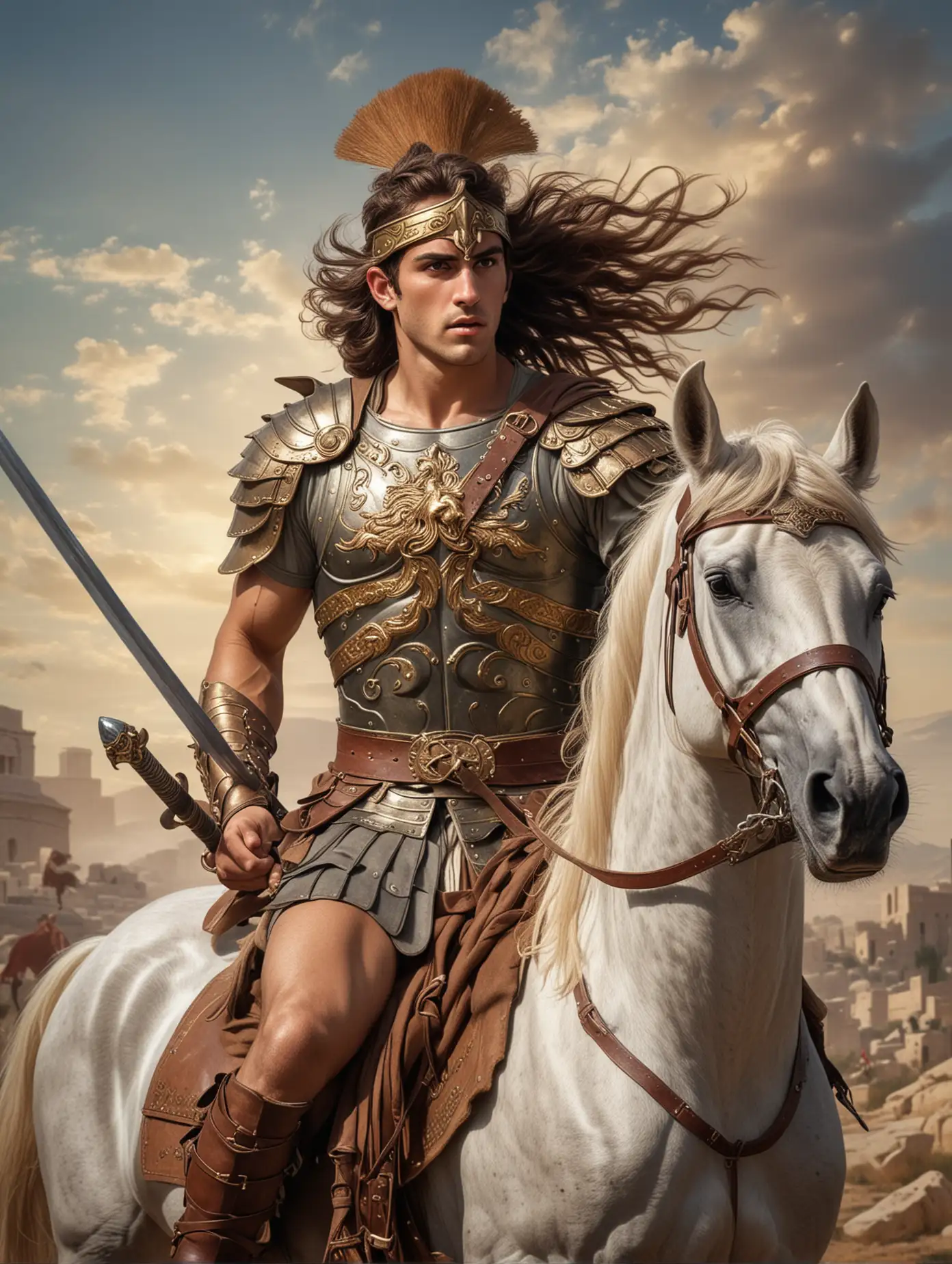 The full view image of a young handsome Greek soldier with fluttering hair in ancient Greek armor without a helmet on horseback, wearing a plumed helmet, brandishing his sword and fighting a dragon under the horse's legs
