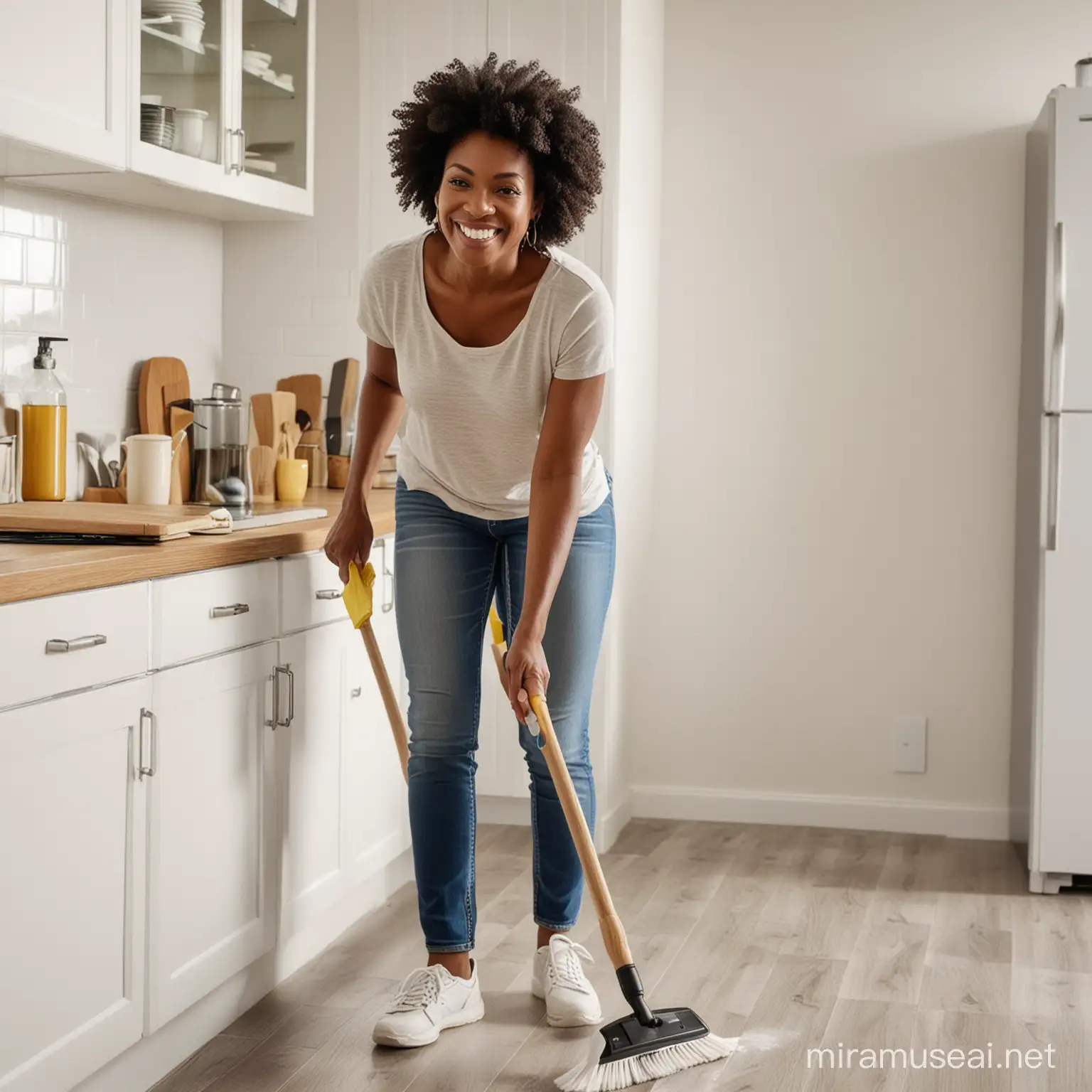 Middle aged black woman with a sweeping brushing who is cleaning her kitchen.