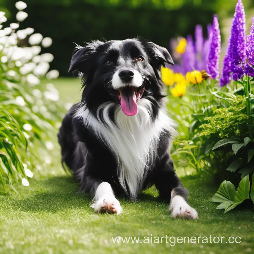 Счастливая собака в саду
