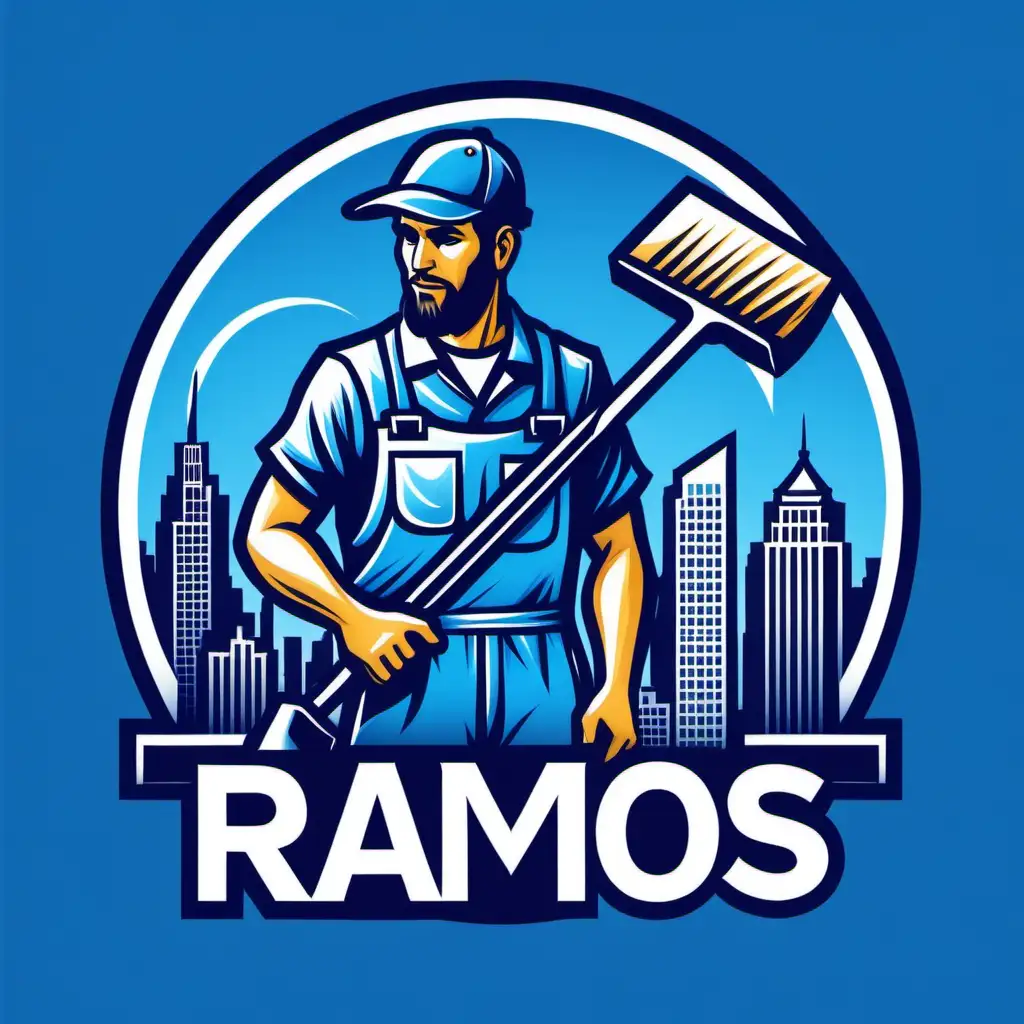 Ramos Enterprise Janitor in Vibrant Blue Skyline Scene with Logo