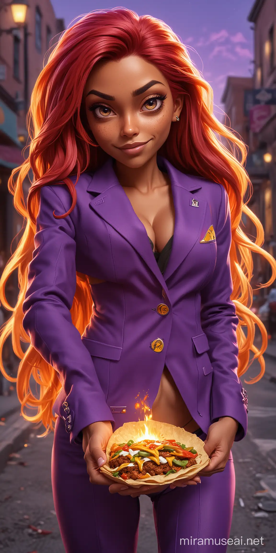 make a realistic starfire character with caricature art style, playing video game, unique pose, fire background, fierce expression, purple suit, red hair, eyes looking to the camera, power coming out from both hands, high contrast, full body, eating taco on the street