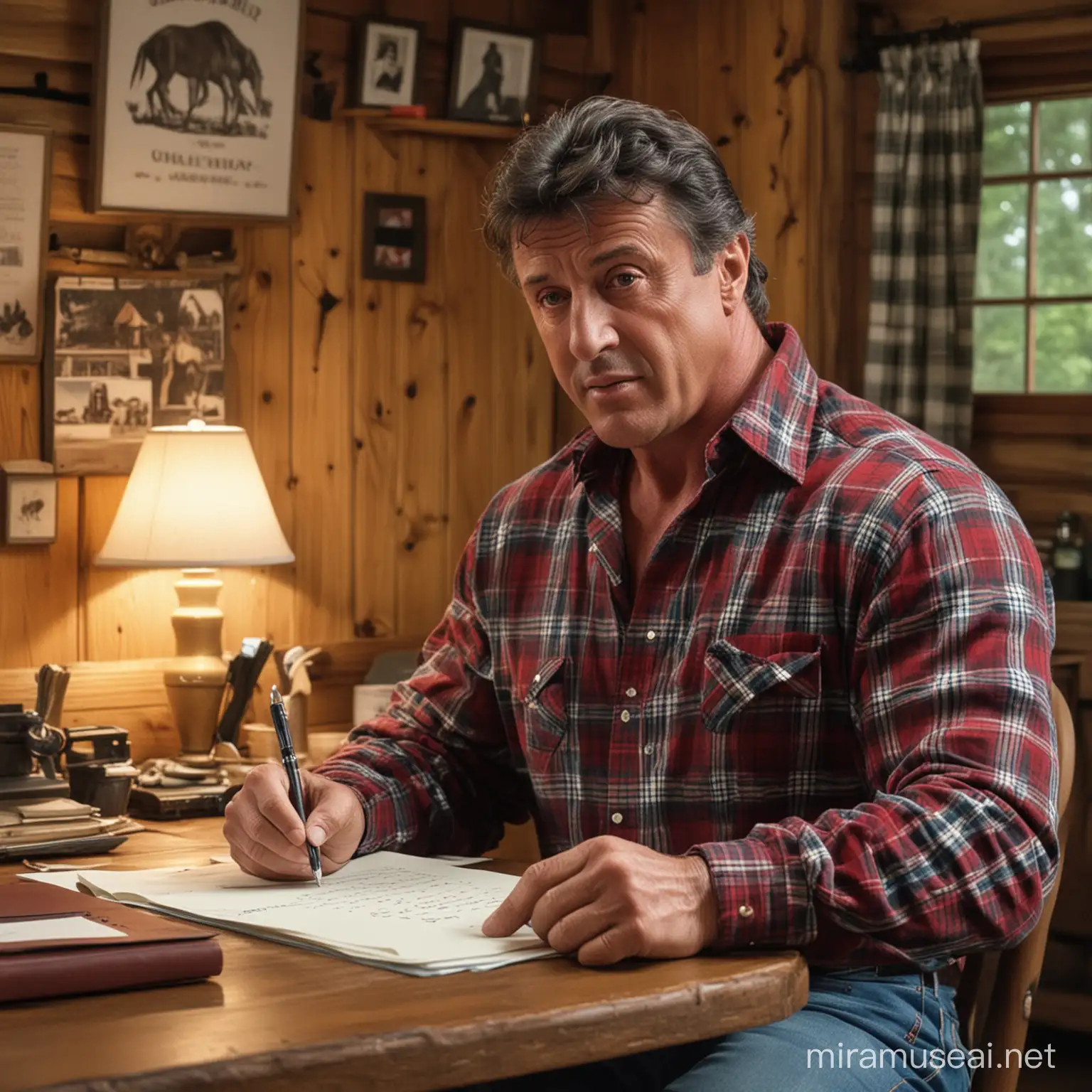 Sylvester Stallone wearing a plaid flannel shirt, he is sitting at a desk in a small cabin, he is writing a letter and there are several other letters on the desk