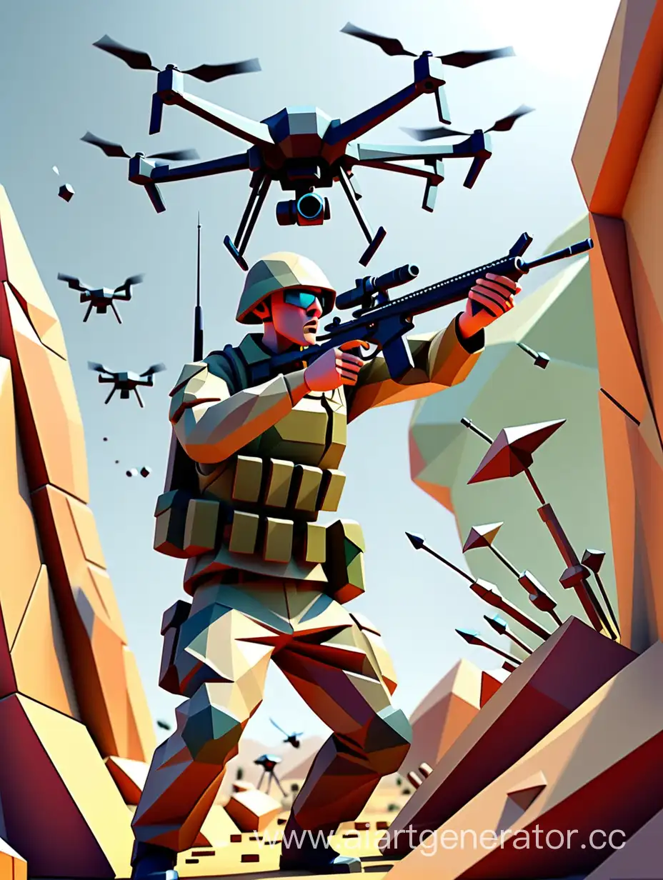 Soldier-Aiming-at-Target-with-Low-Poly-Flying-Drone
