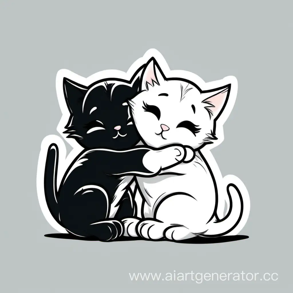 black and white kittens, in a cute drawing, hug each other.