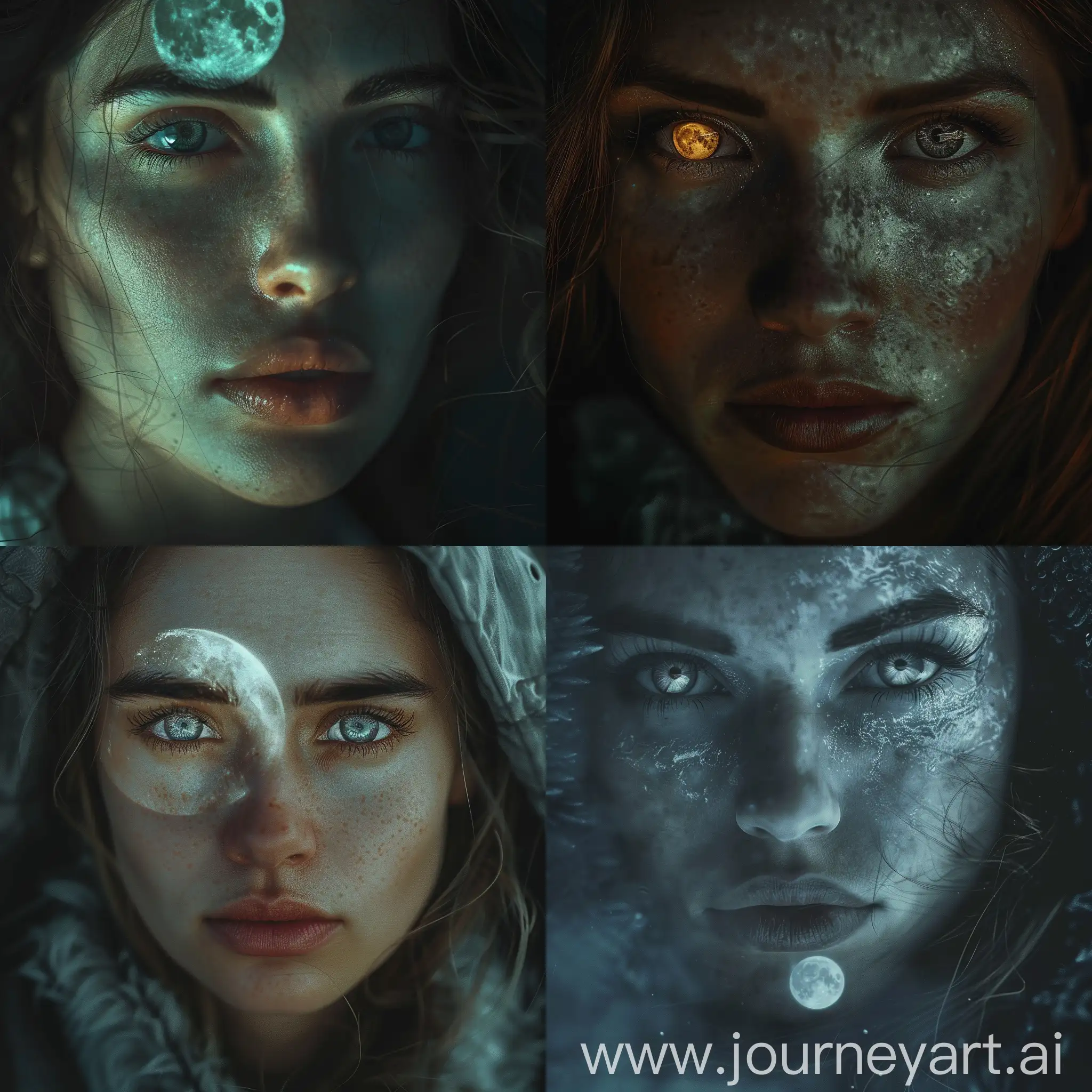 Woman portrait with magic moon reflecting in eyes, cold and magic cinematic lighting, highly detailed