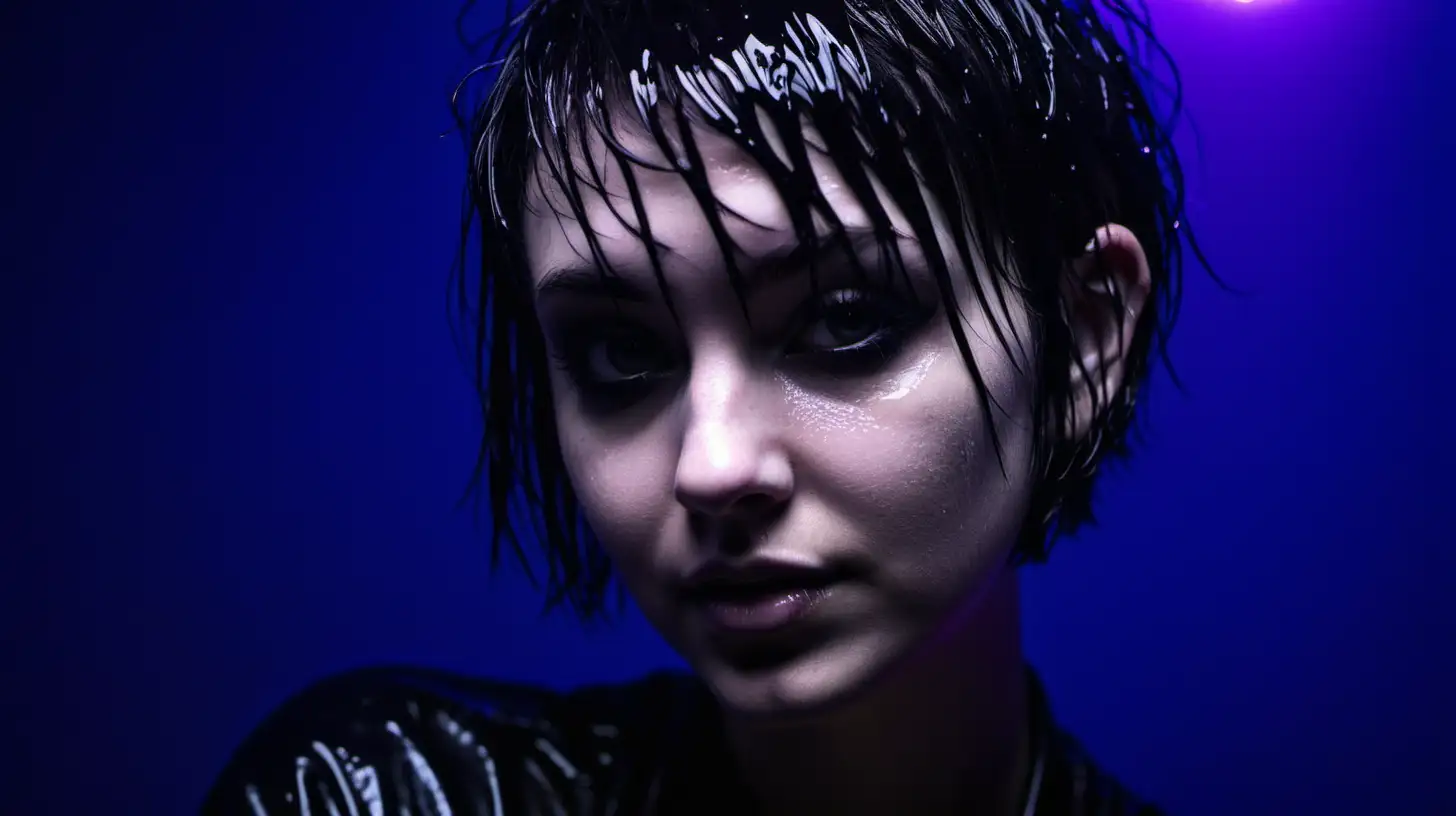 Goth girl. Short hair. Night. Close up. Wet. Neon lighting. no make up. 