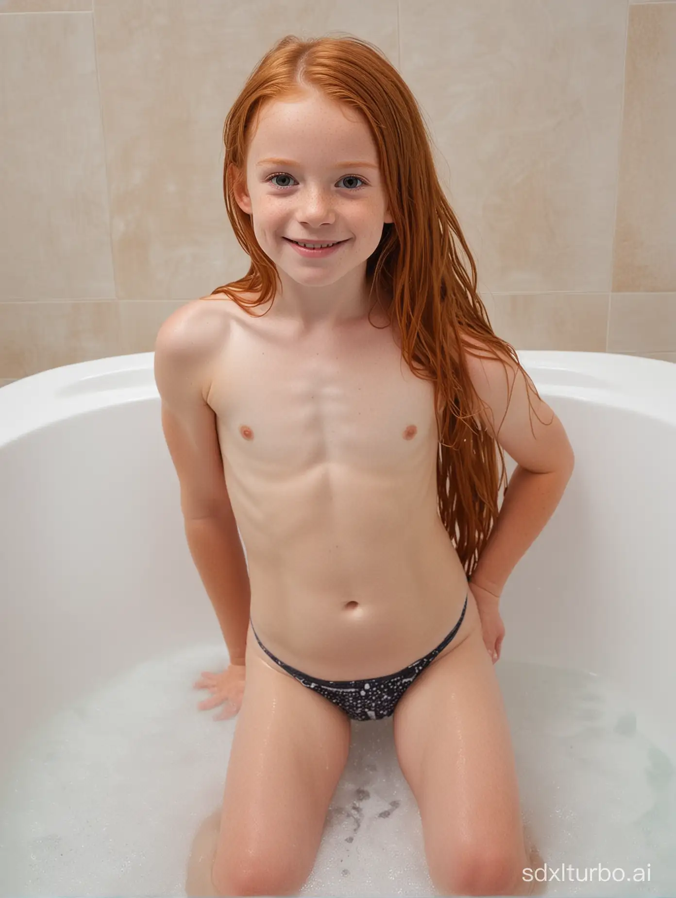 8 years old girl, flat chested, long ginger hair, muscular abs, showing her belly, bathing