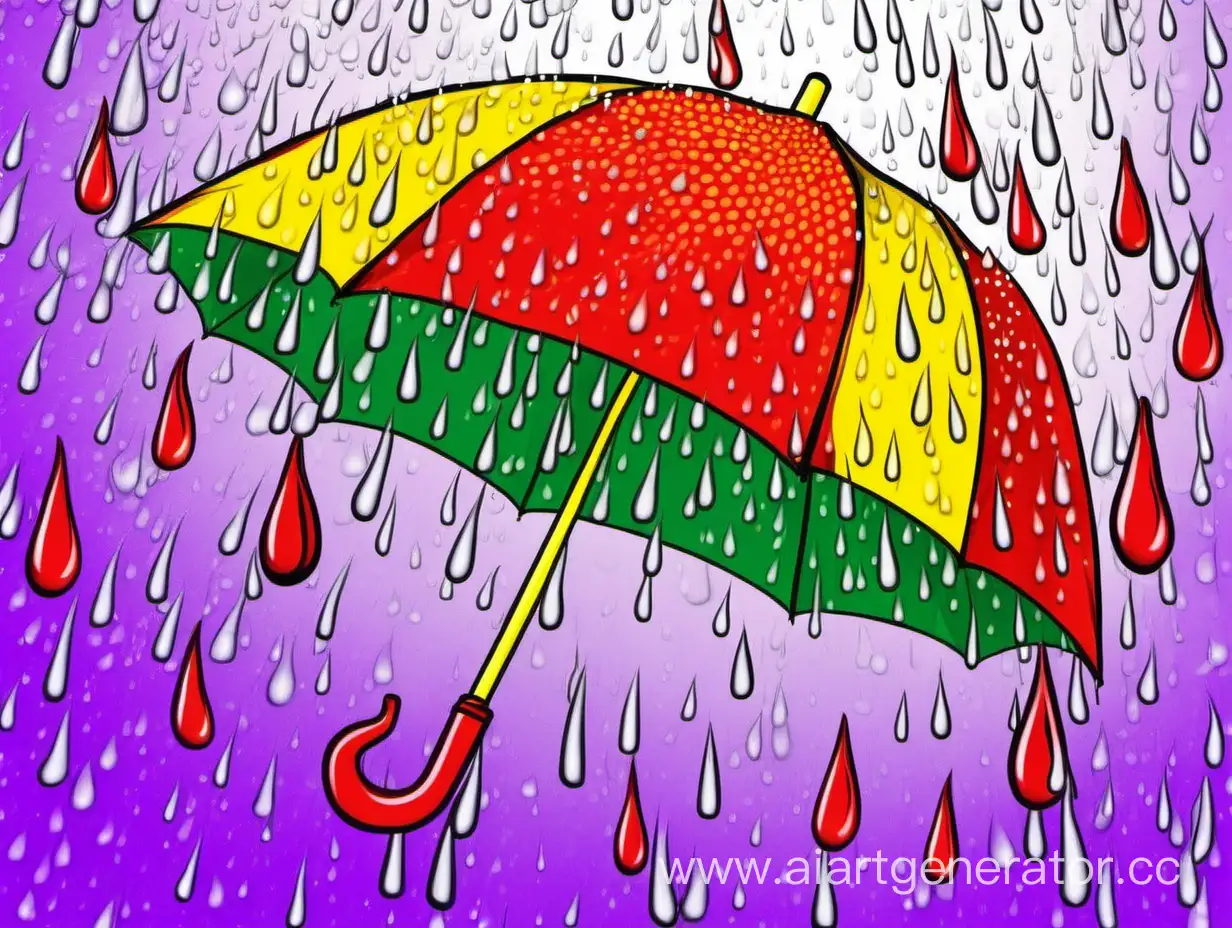 Нарисуй зонтик состоящий из трёх цветов(красного, жёлтого, зелёного), поочерёдно чередующихся на фиолетовом фоне, а сверху и вокруг зонтика будут большие капли дождя