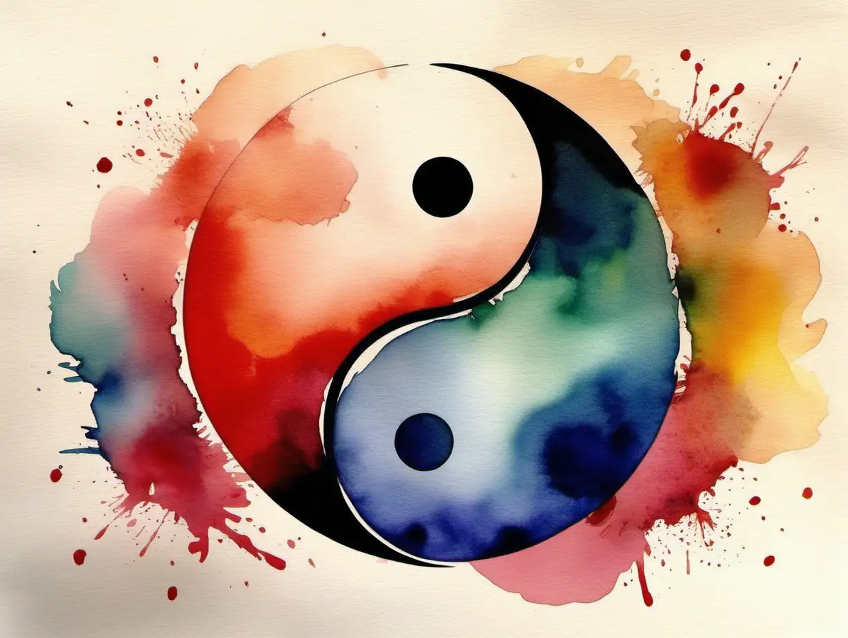 Vibrant Yin Yang Symbol with Strong Japanese Influence in Watercolors