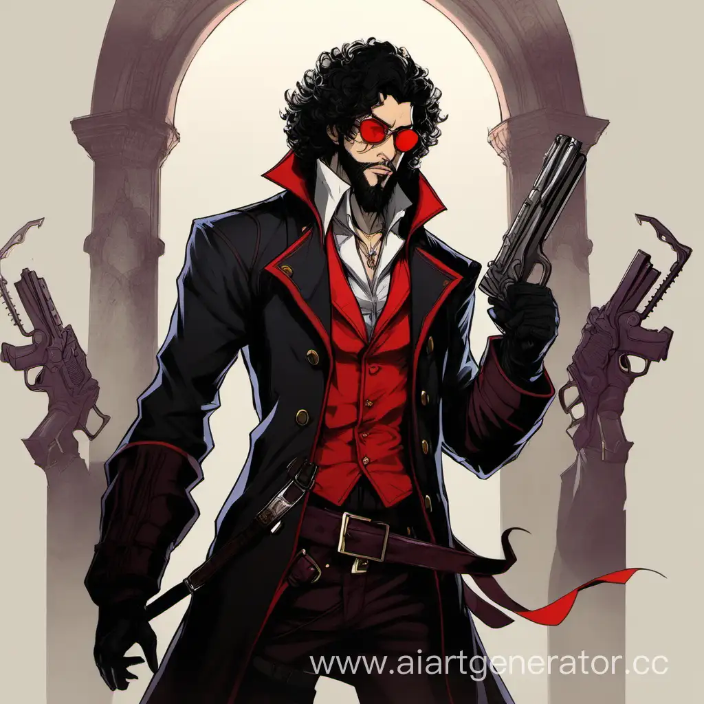 Concept art, castlevania game, man with beard, red glasses, black curly hair, black coat, guns