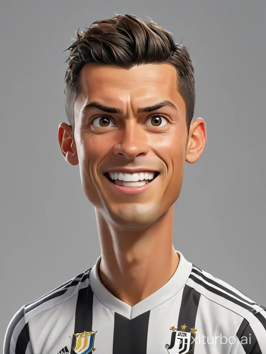 Caricature of Cristiano Ronaldo wearing Juventus jersey, gray background