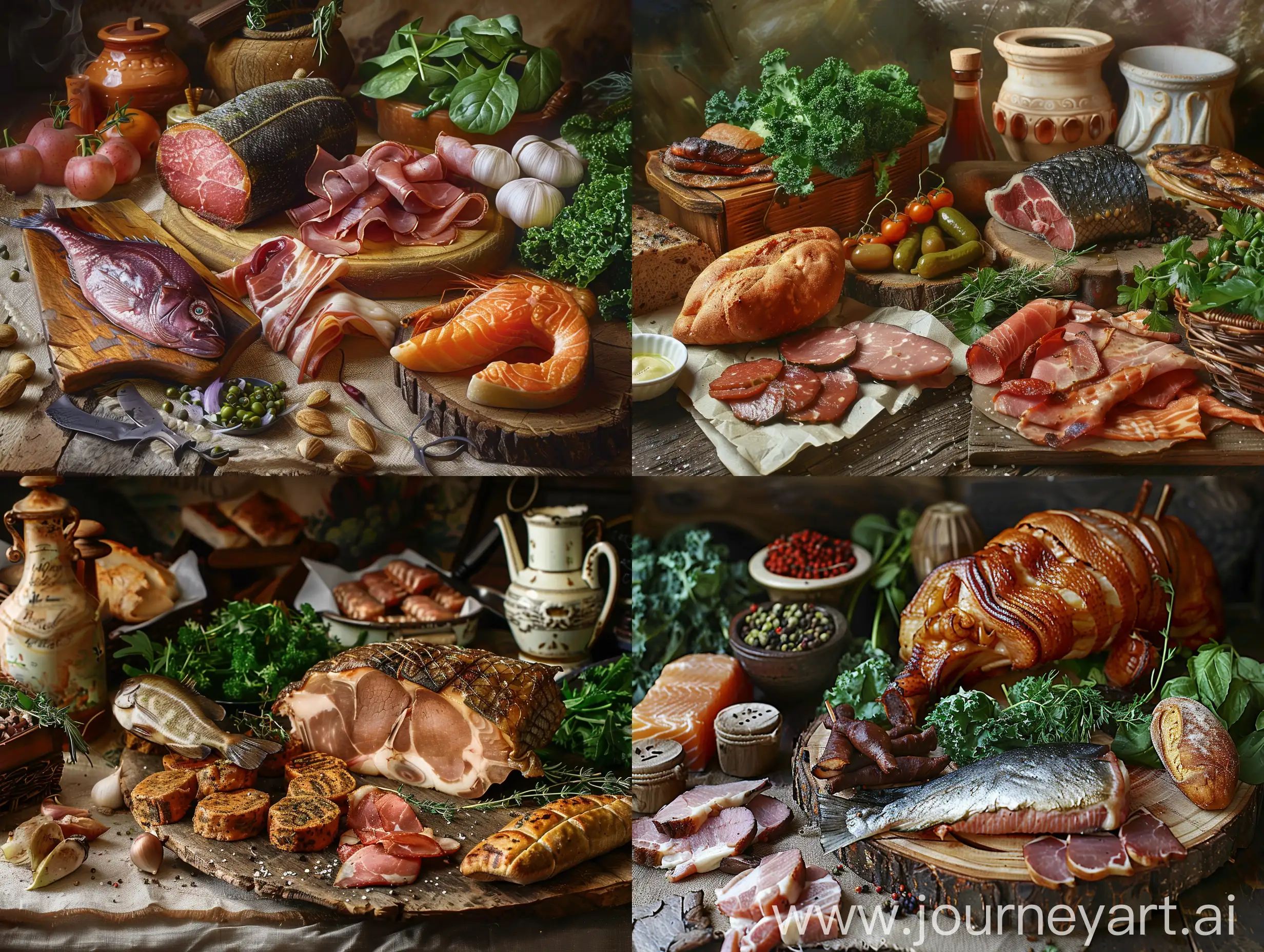 Красивый деревенский стол с домашними копчеными продуктами, мясом, рыбой, зеленью, крупный план, детали, фотореализм, реализм,