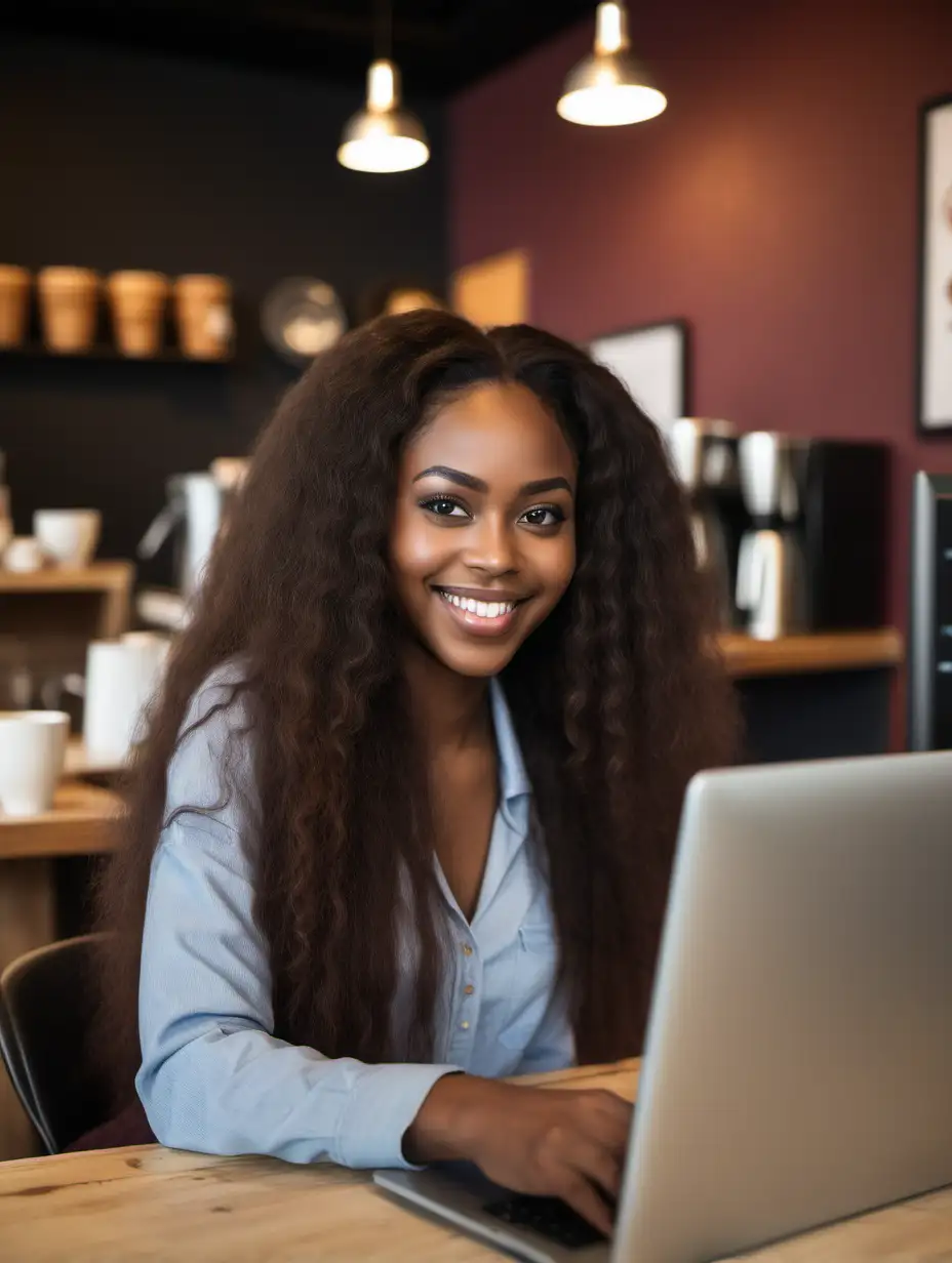 beautiful black woman, long hair, in coffee shop working on computer smiling, looking at camera