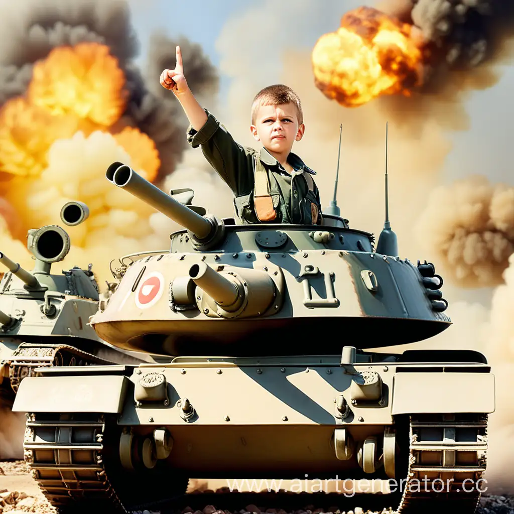 Суровый мальчик, танкист показывает жест "класс", на фоне взорванного танка