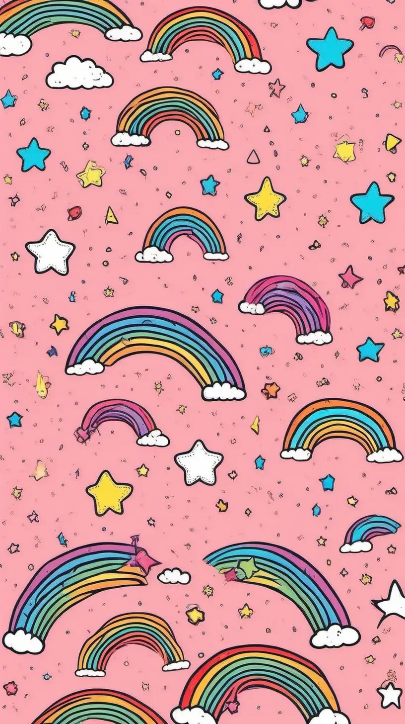 Whimsical Cartoon Rainbows and Stars Pattern on Light Pink Background