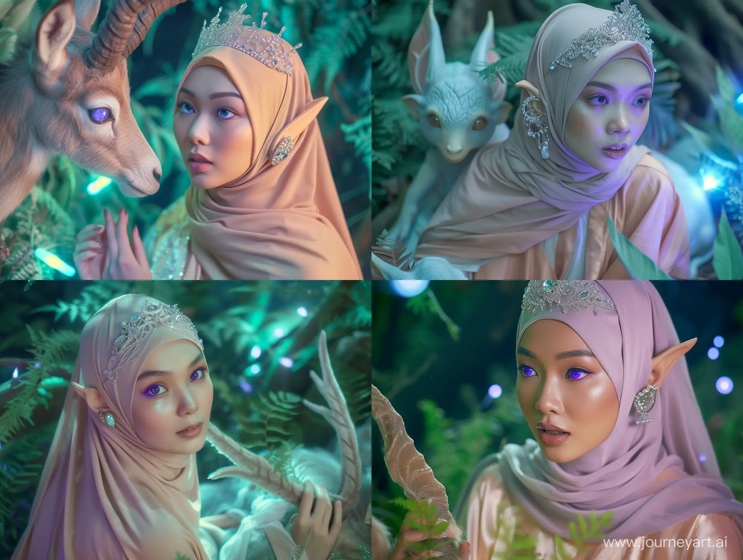 Create a Mystical portrait series set in an enchanted forest. The medium should involve ethereal shots captured on Mystic aura fil. The main subject is a indonesia woman 26-year-old individual expressing an enchanting emotion wearing hijab, with lavender eyes. The photos should capture the subject communicating with magical creatures, dressed in flowing robes with pastel shades. The accessories include a crystal tiara and elfin ear cuff. Ensure that the lighting includes a soft glow from bioluminesence plants.