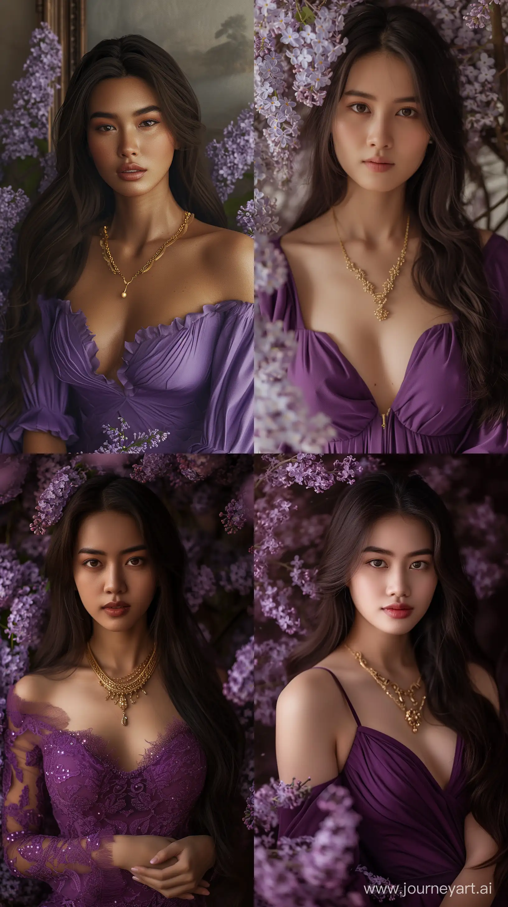 generate a full body pose photo, beautiful stunning Indonesian woman in purple dress, portrait, gold necklace, long dark brown hair, lilac flowers, high detailed, realistic --ar 9:16
