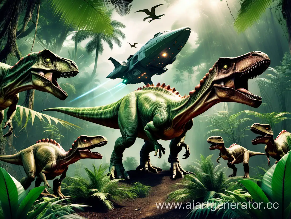 Dinosaurs in the jungle are looking at a flying alien ship 