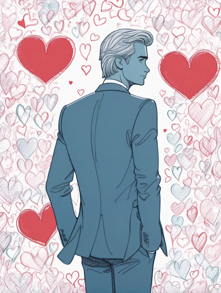 A book cover of a colorful sketch of a guy in formal wear from a back angle, full body frame, in a rom-com animation style, with red hearts sketched in the background
