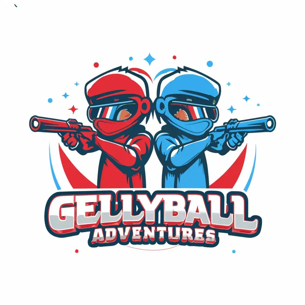 LOGO-Design-For-Gellyball-Adventures-LLC-Fun-Red-Blue-Playful-Logo-with-Kids-Shooting-Red-and-Blue-Guns