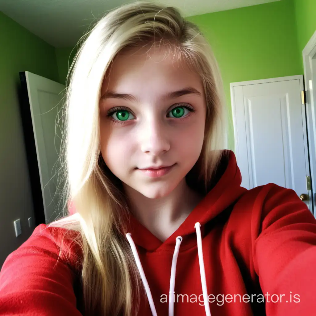 female, 14 year old girl, blonde hair, green eyes, taking selfie, no phone, full body. red hoodie