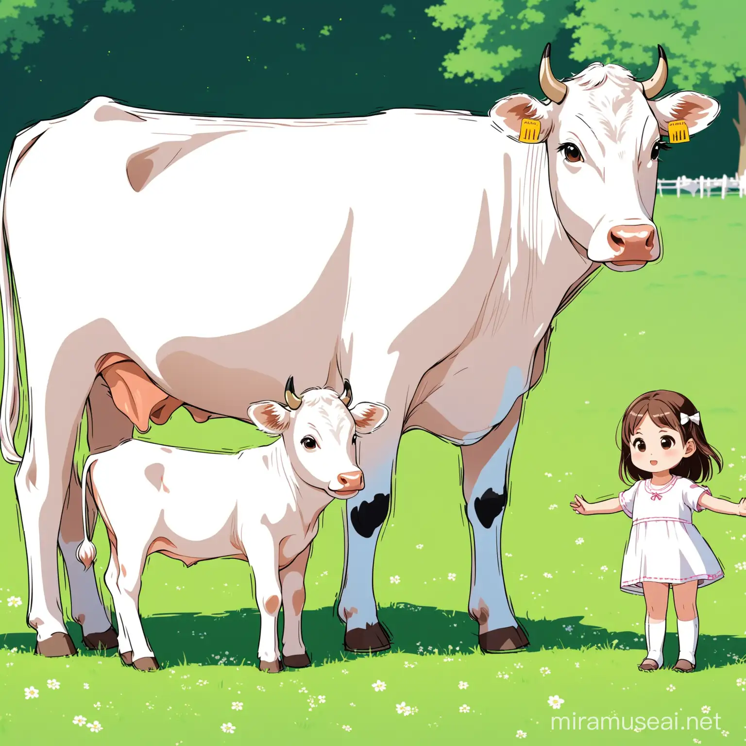 Adorable Scene Two White Cows and a Small Girl in Animated Harmony