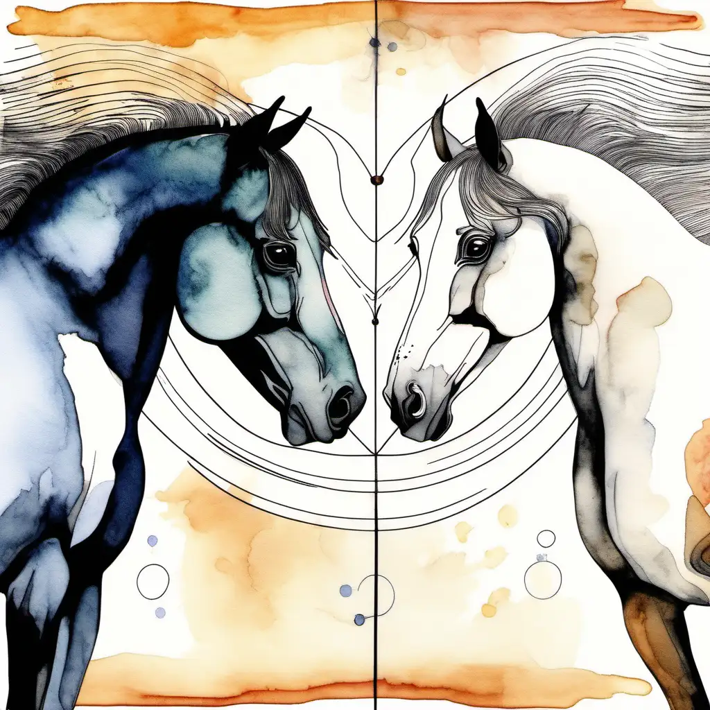 Two horses look at each other, ink art style, watercolor, Hilda af klint style 