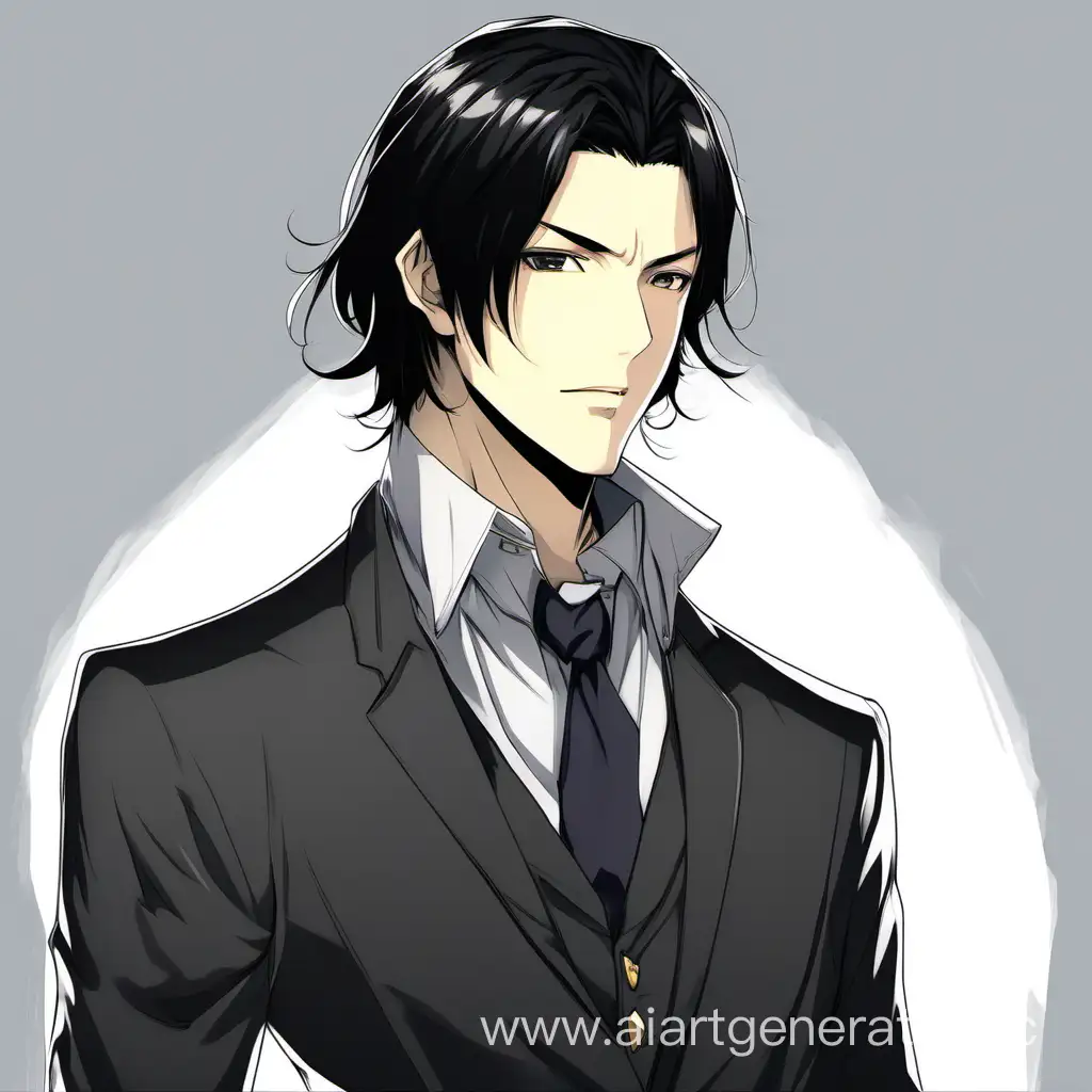 Мужчина с черными волосами длиной  до плеч, каре, классическая одежда, 
 стиль аниме.