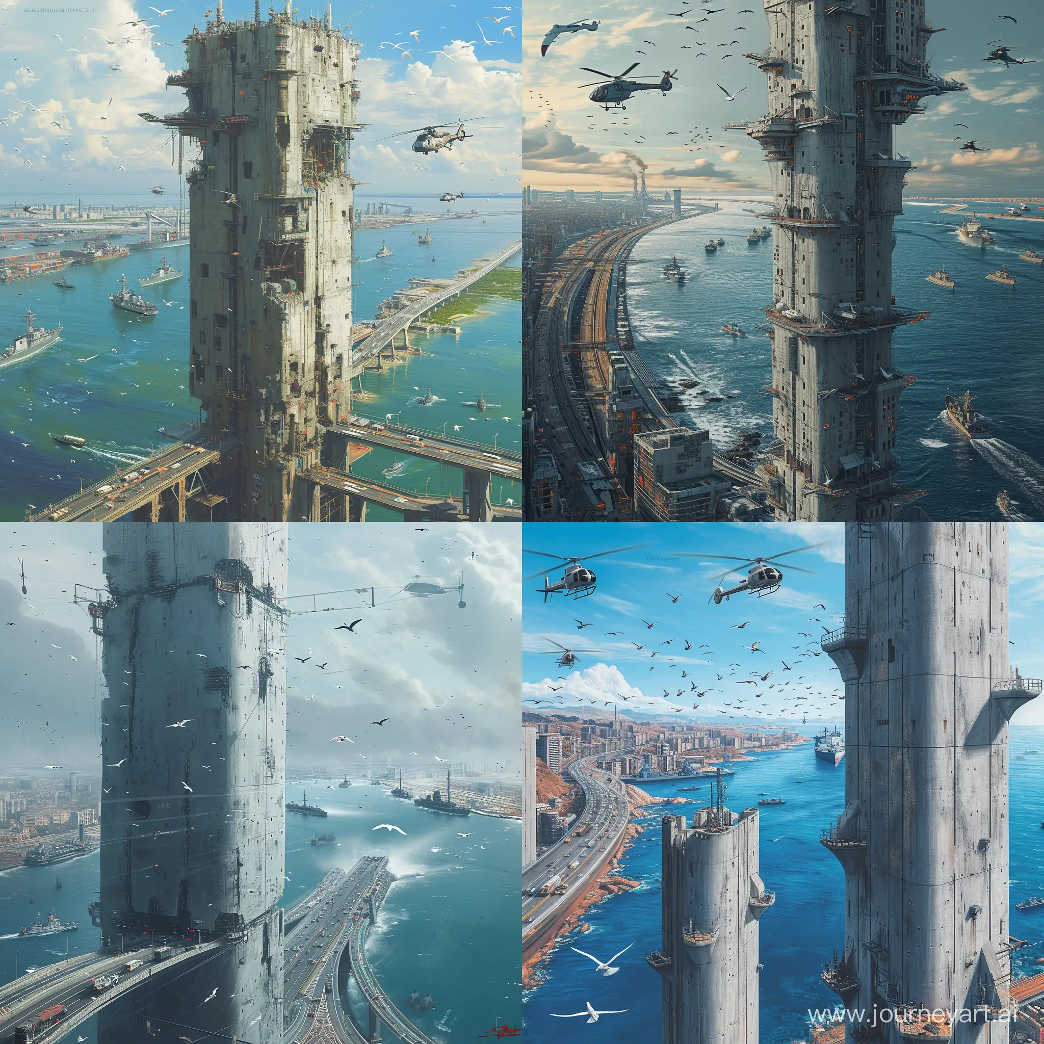 Concrete tower city, city on water, highways, cyberpunk, seagulls, sea, beautiful sea, huge panorama, very detailed, helicopters, city panorama, warships in the background, ships, digital drawing, paint drawing, oil painting