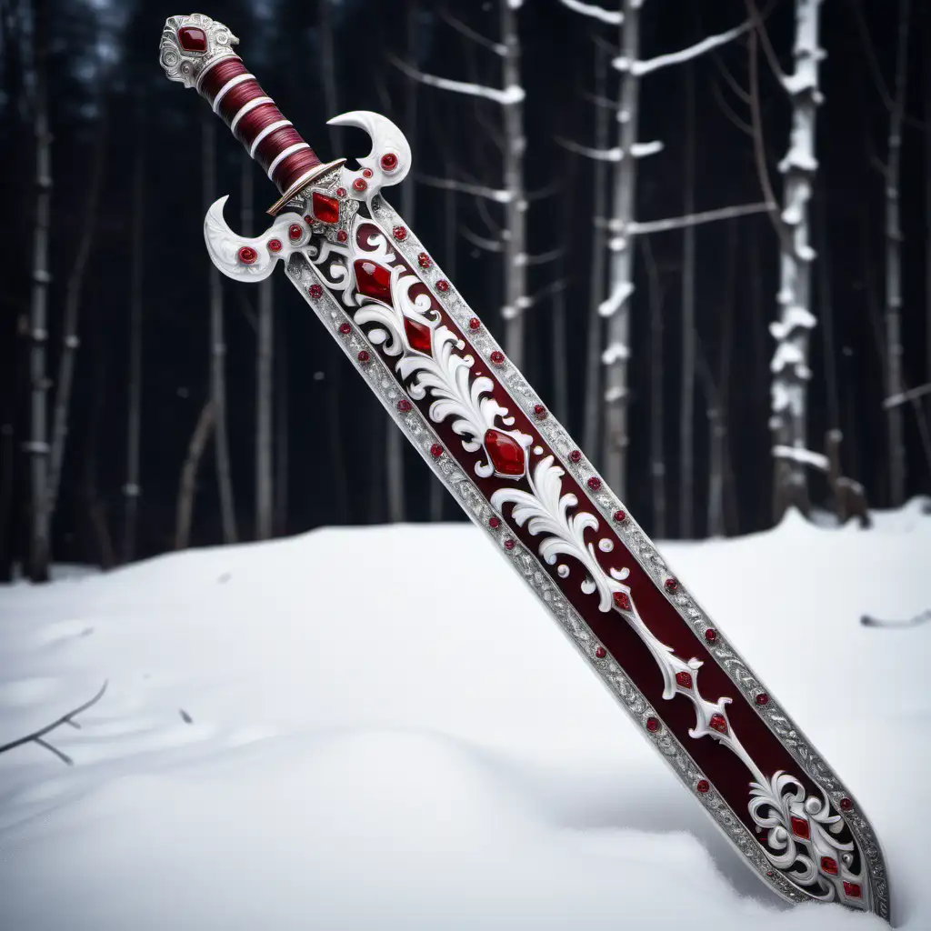 a long white scabbard adorned with crimson gems and clear crystals and a crimson handle resting in the snow on a dark, snowy background