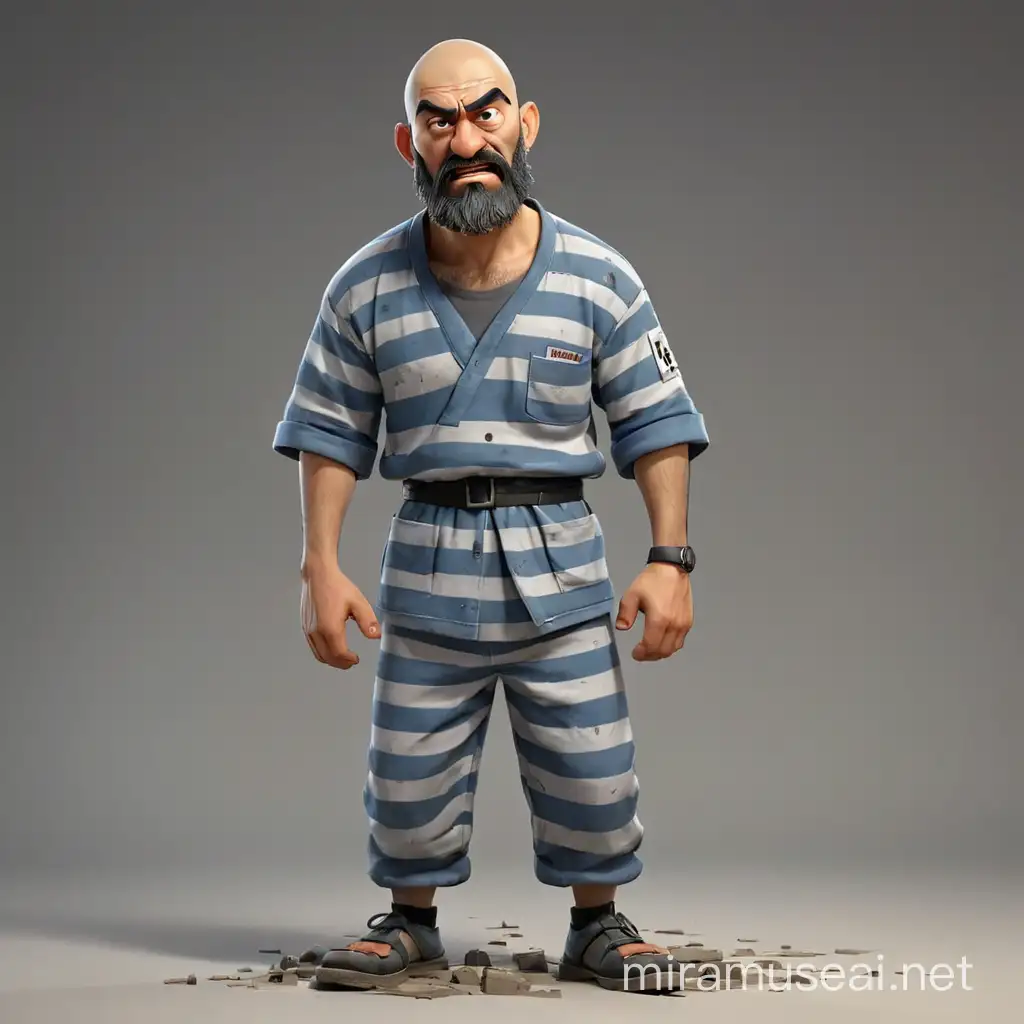 Cartoon character, A thin, angry prisoner, a woeful battered face with bruises, a gray-blue striped prisoner's uniform, dirty shaved head, a wide black Muslim oriental beard in shreds without a mustache, not neat, hands in pockets, big rough shoes, a frightened pose, 3d modern cartoon style, Maximum detail, 