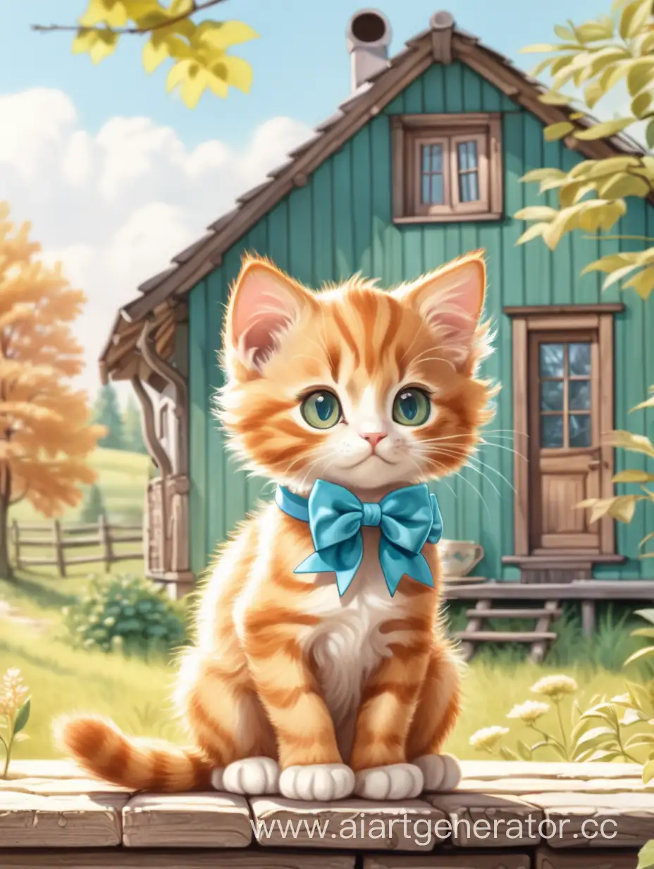 Adorable-80s-AnimeInspired-Ginger-Kitten-with-Bow-in-Rural-Russian-Setting