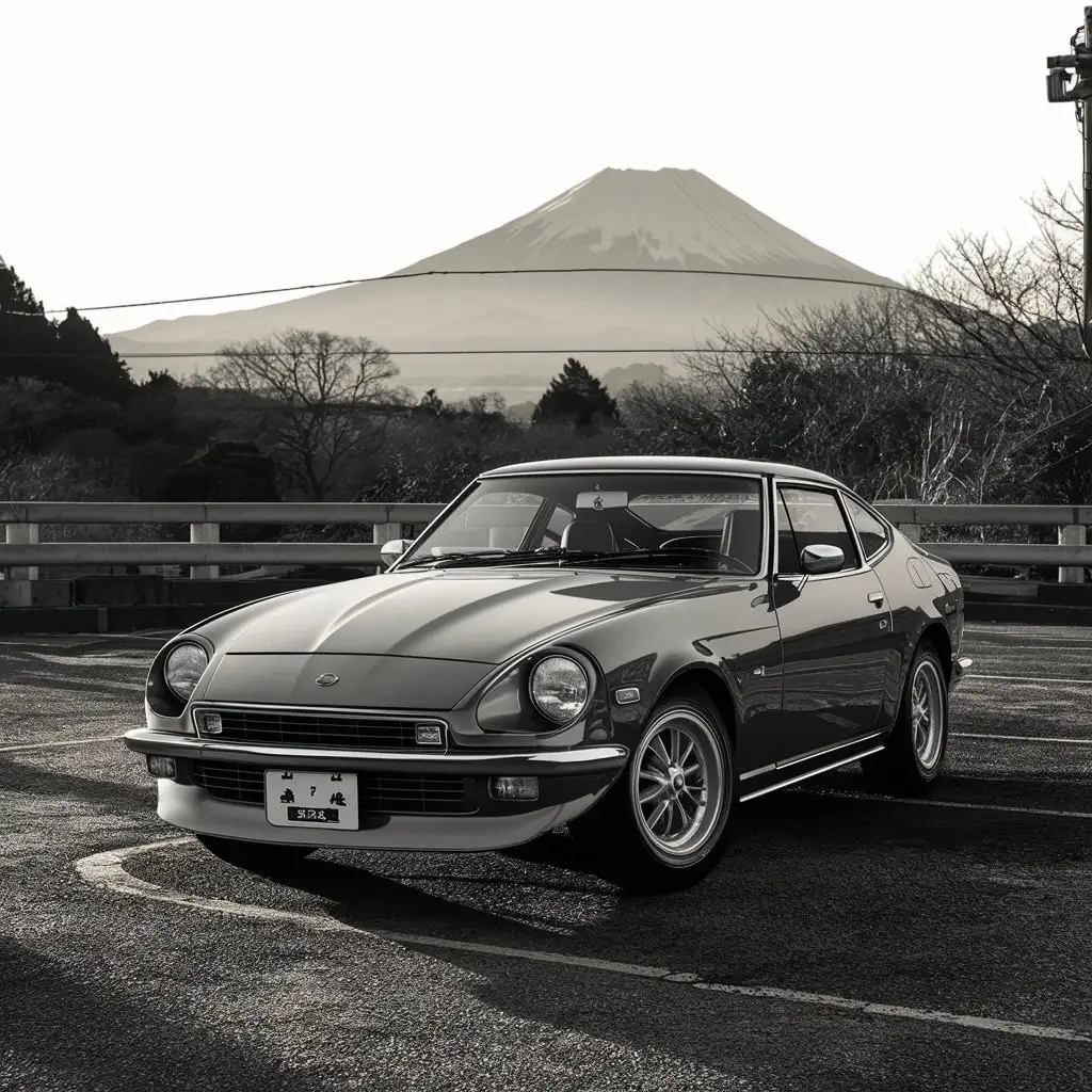 nissan datsun z, at an empty parking area, with an out look of mount fuji in japan ,while the sun sets, black and white, colouring page style