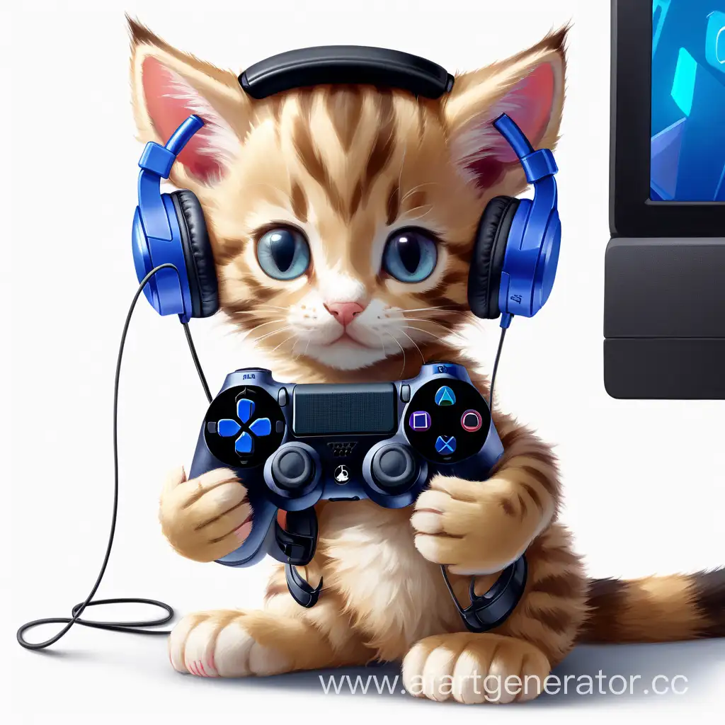 kitten with gaming headphones on his head, holding dualshock 4 in his paws