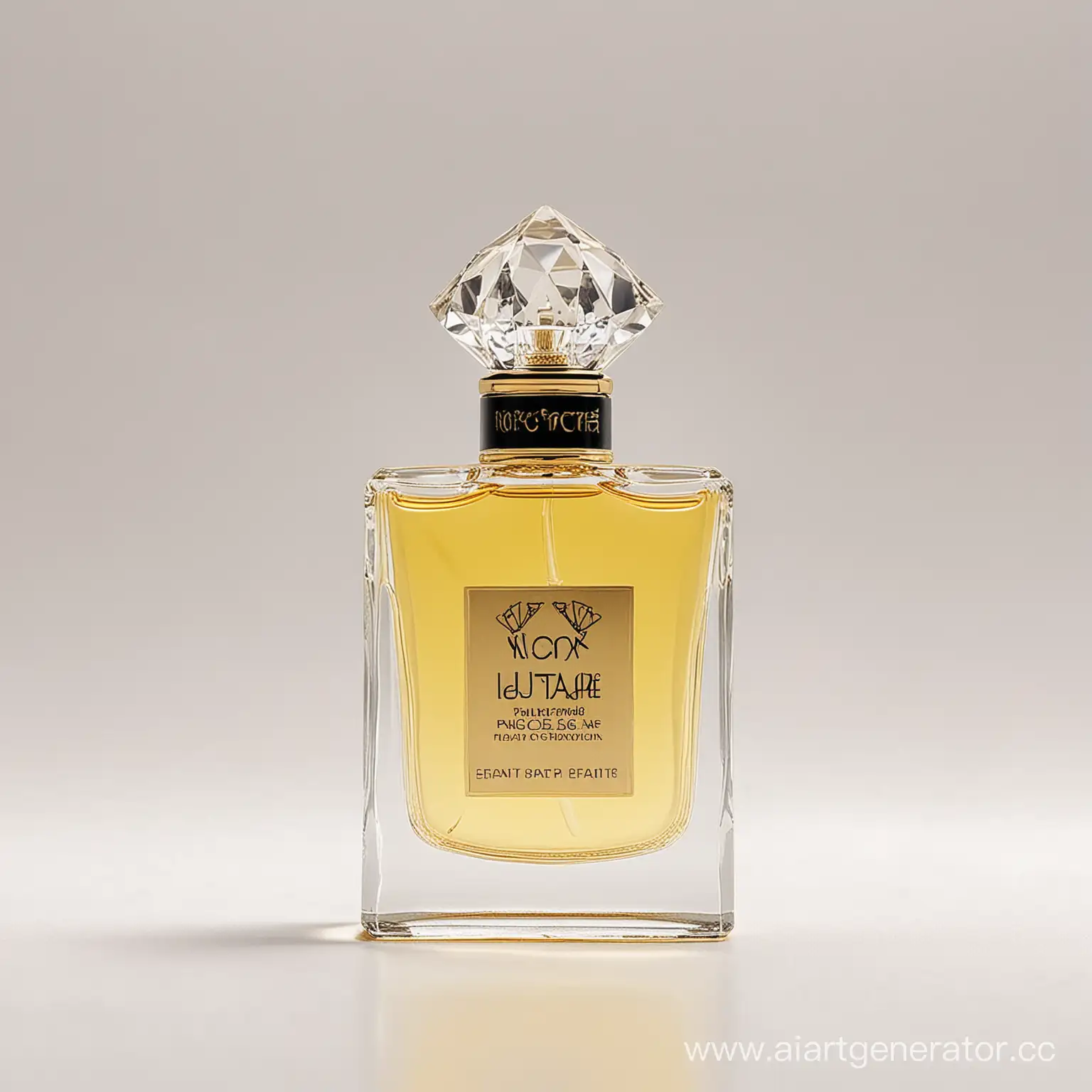 perfume on a white background. The perfume is square, the liquid inside is soft yellow, like champagne. The lid of the perfume looks like a diamond. on the perfume, on the label the name is 'Nox Flair Venice' and the logo with name 'jesaint parfait'
