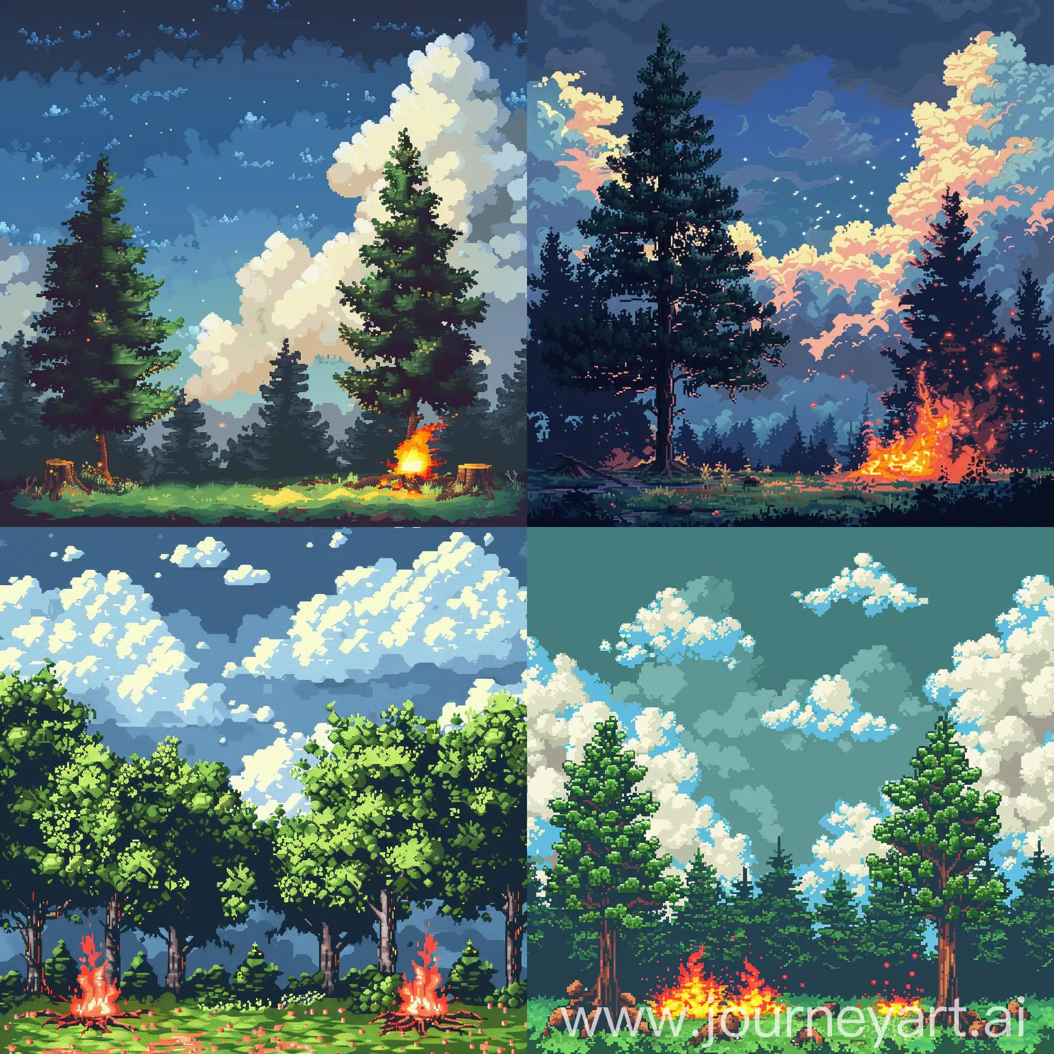 Pixel art animation image, with trees, nature, fire and relaxing clouds