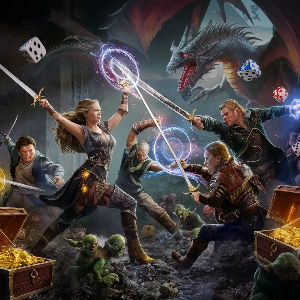 Intense-Fantasy-Battle-Warriors-Clash-with-Swords-and-Magic-amidst-Goblins-and-Treasure