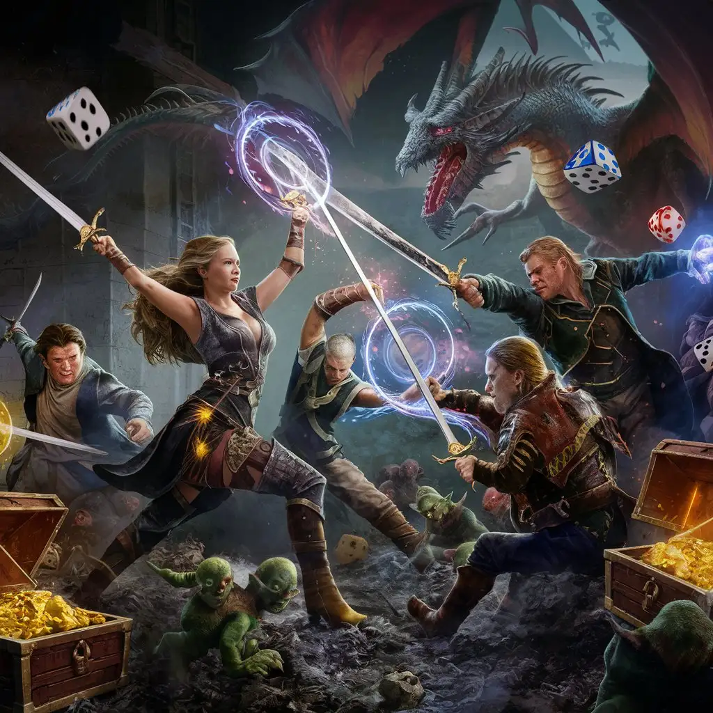 1 woman and 4 men in combat with each other fighting with swords and magic furiously. There are 4 goblins, 10 floating game dices, dragon, magic, treasures, gold, chests, dungeon on the background. Fantasy medieval