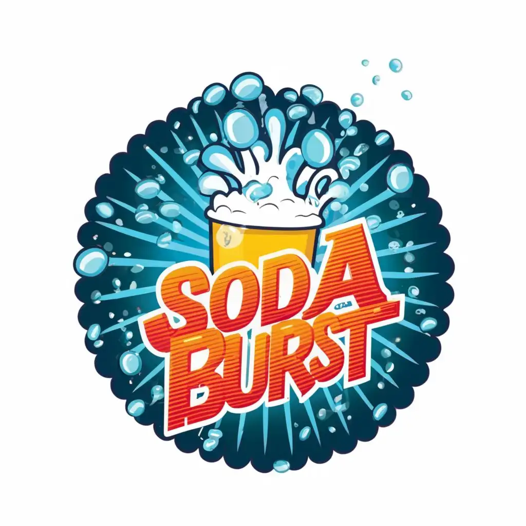 logo, water and fizz coming out of soda cup, lots of bubbles exploding, splashes of water, lots of color, with the text "soda burst", typography, be used in Restaurant industry