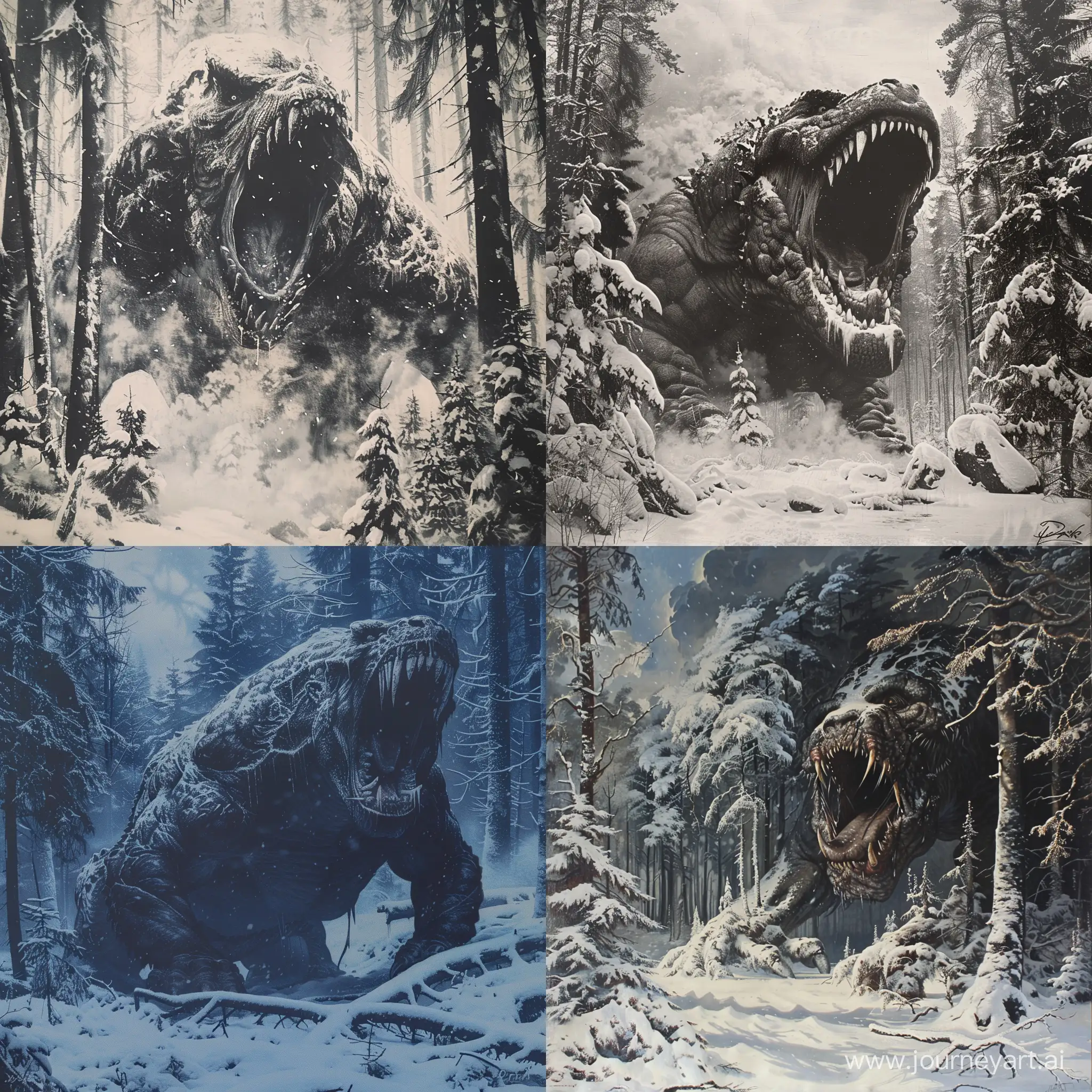 a very dark image of a huge monster screaming in pain in a winter forest in the style of Gustave doré. the forest is covered in snow