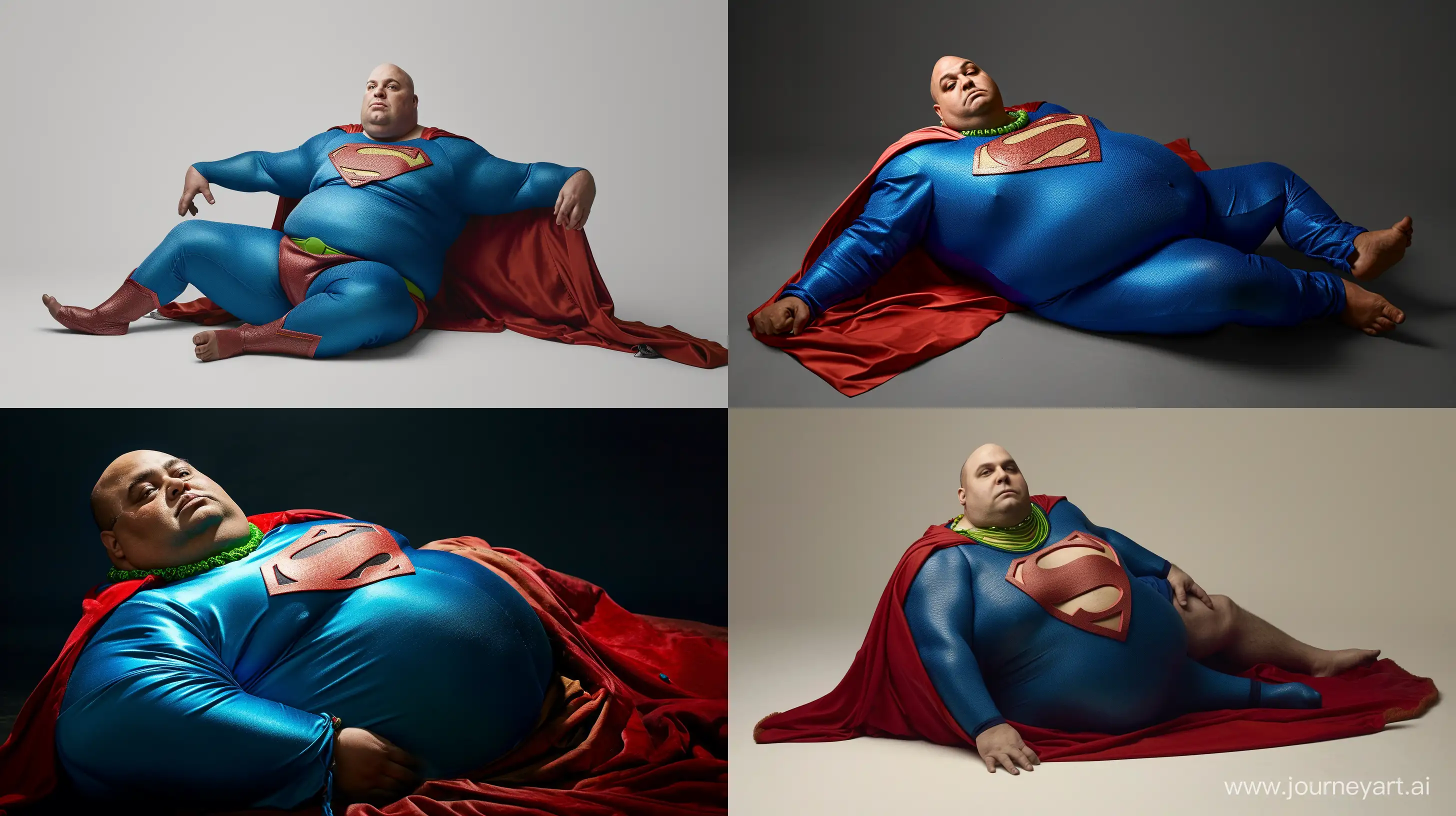 Photo of a chubby man. He is wearing a slightly shiny bright blue superman costume with a big red cape. He is lying on his back. He wears a bright green necklace. He looks tired. Natural Light. Full body shot. Clean shaven. Bald. High-quality. --ar 16:9 --v 6