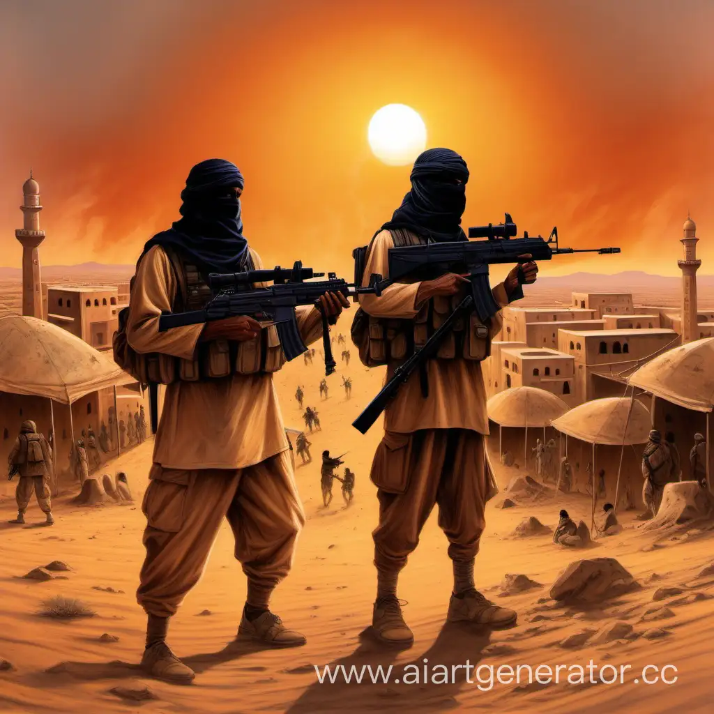 Два восточных война с автоматами в арафатах, в пустыне напротив восточной пылающей мечети, на фоне оранжевого заката