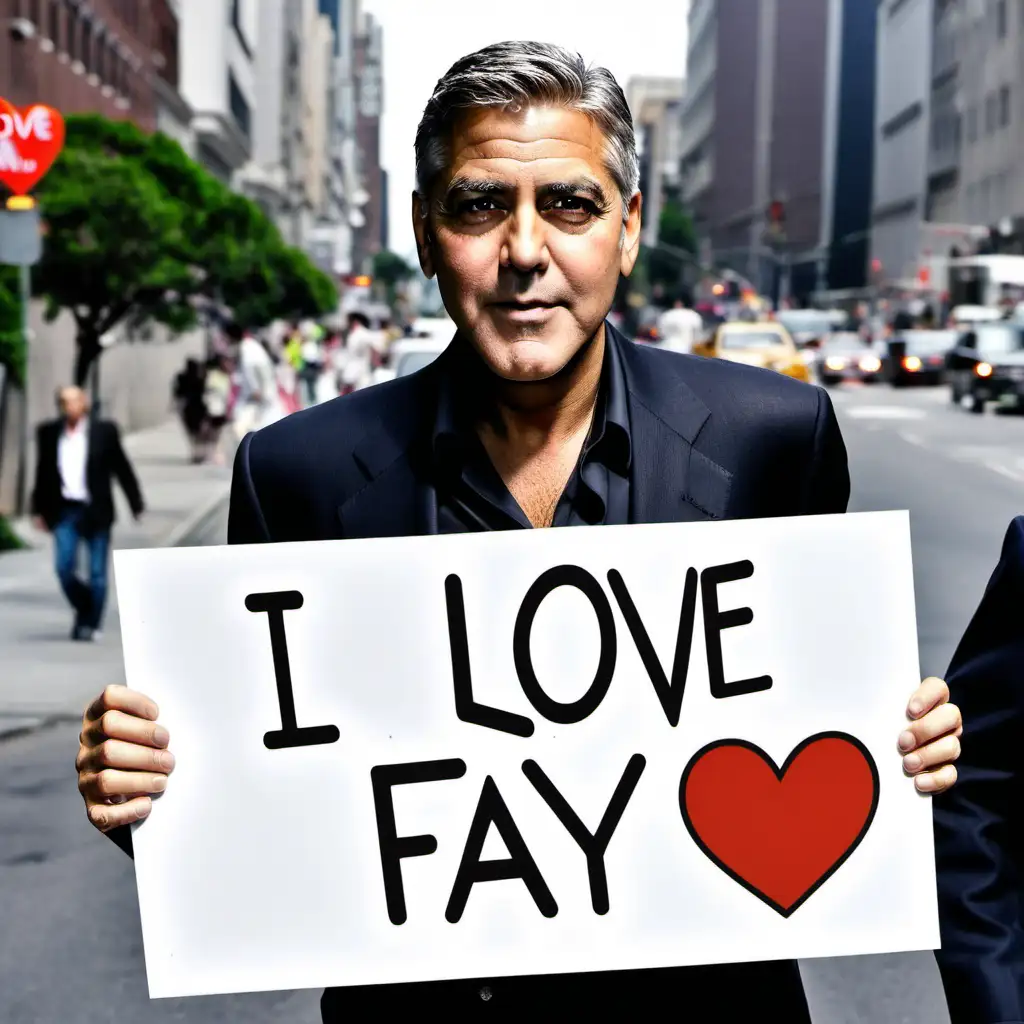 George Clooney carrying a sign saying I love Fay
  