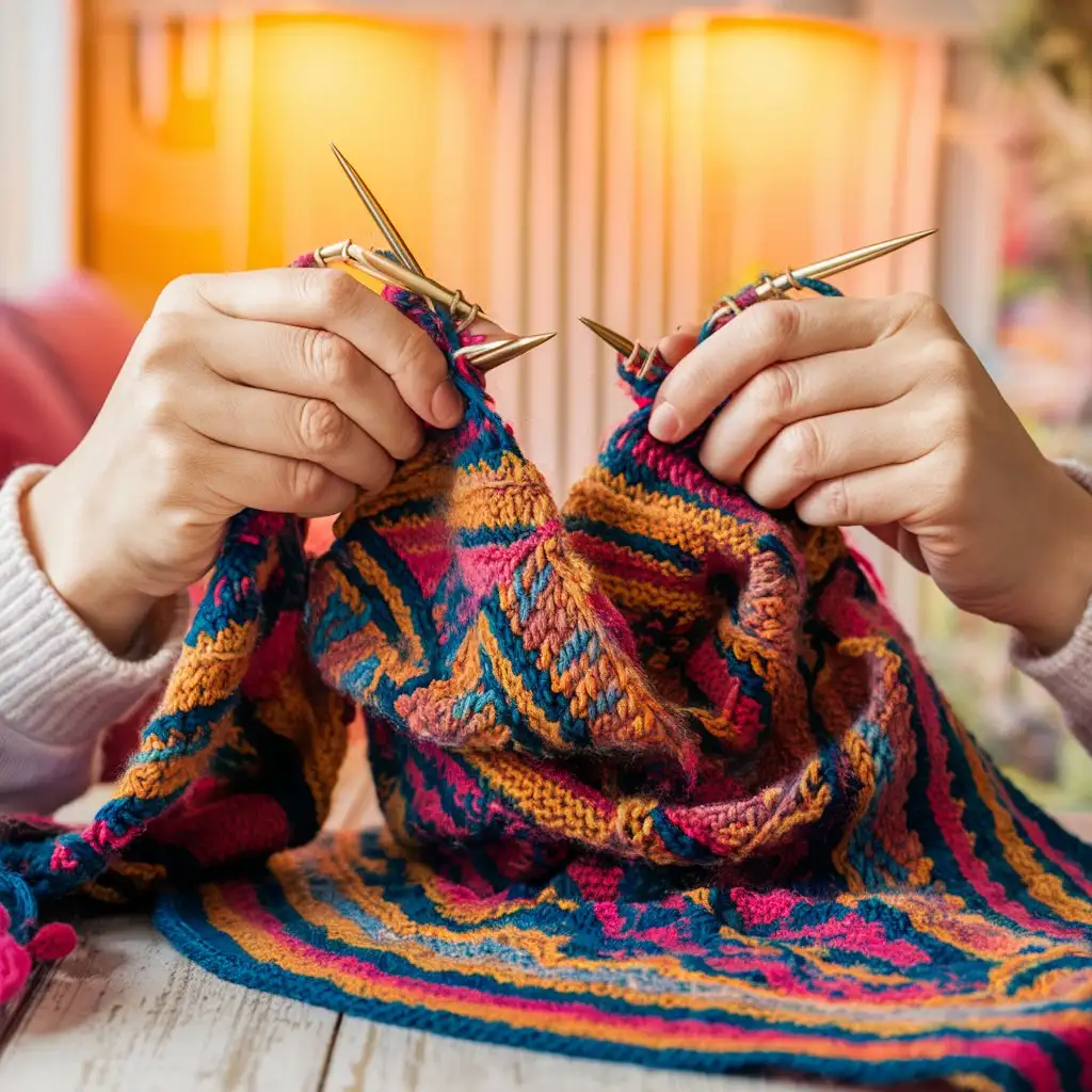 A pair of knitting needles creating a colorful scarf with intricate patterns.
