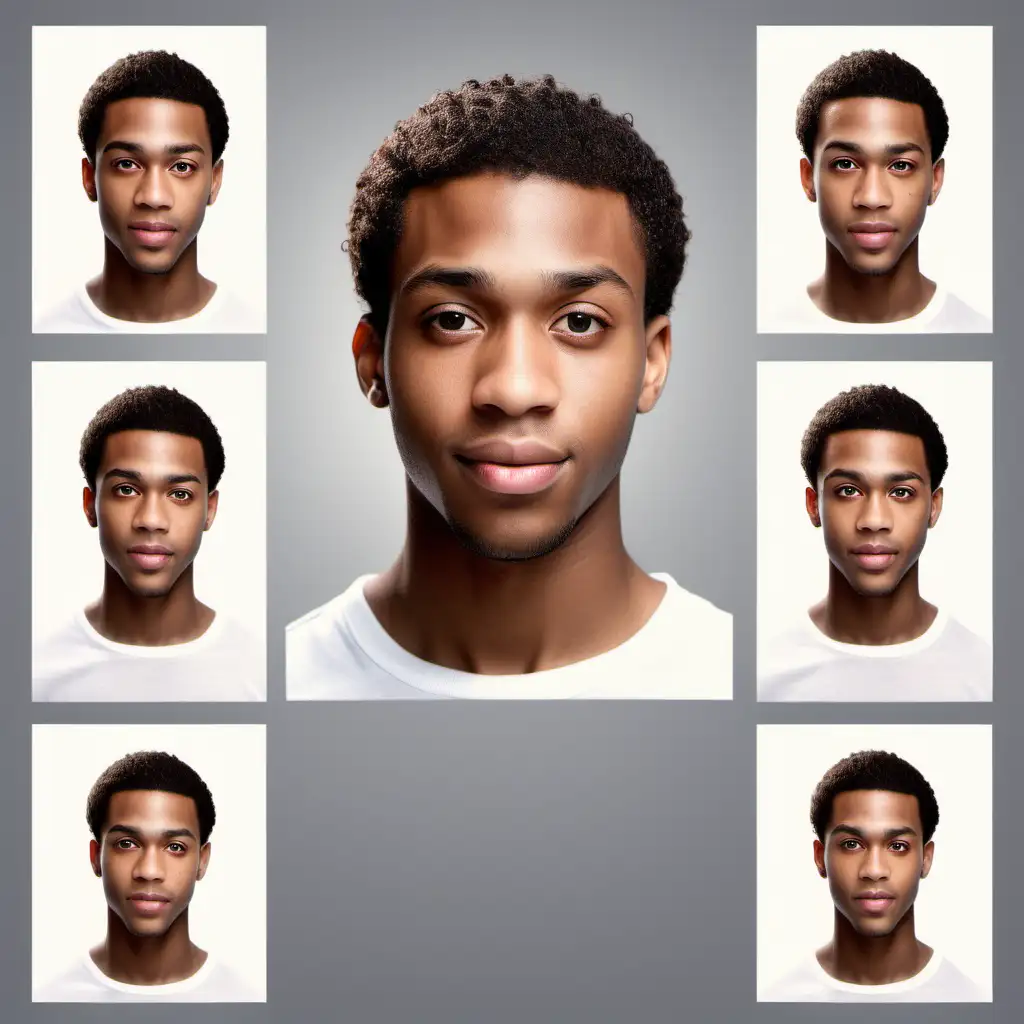 realistic photography of handsome young light skinned black man with brown eyes, character sheet, spacing and margins, multiple angles
