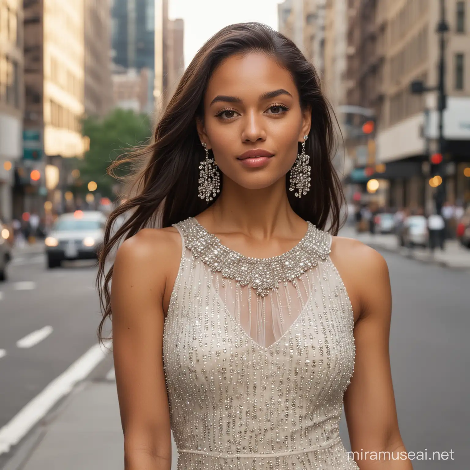 A real women model mixed race, 3C type long hair, professional photoshoot modelling small earrings, using a Channel dress with gemastones elegant cream colors, front photoshoot looking the at camera, with newyork  street at background, medium shoot