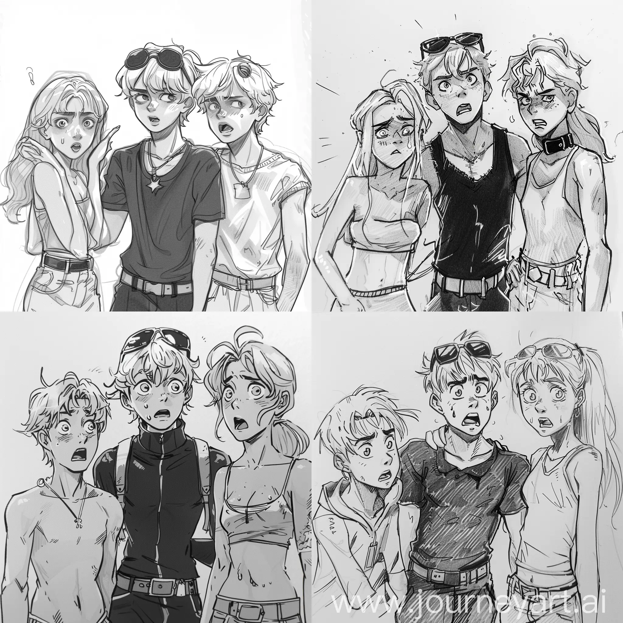 sketches, drawing, three teenagers, all of them blonde, one of the boys is wearing black outfit with sunglasses on his head being in the middle of the three eye rolling, the other boy wears light outfit and looks scared, the girl wears a top and looks annoyed